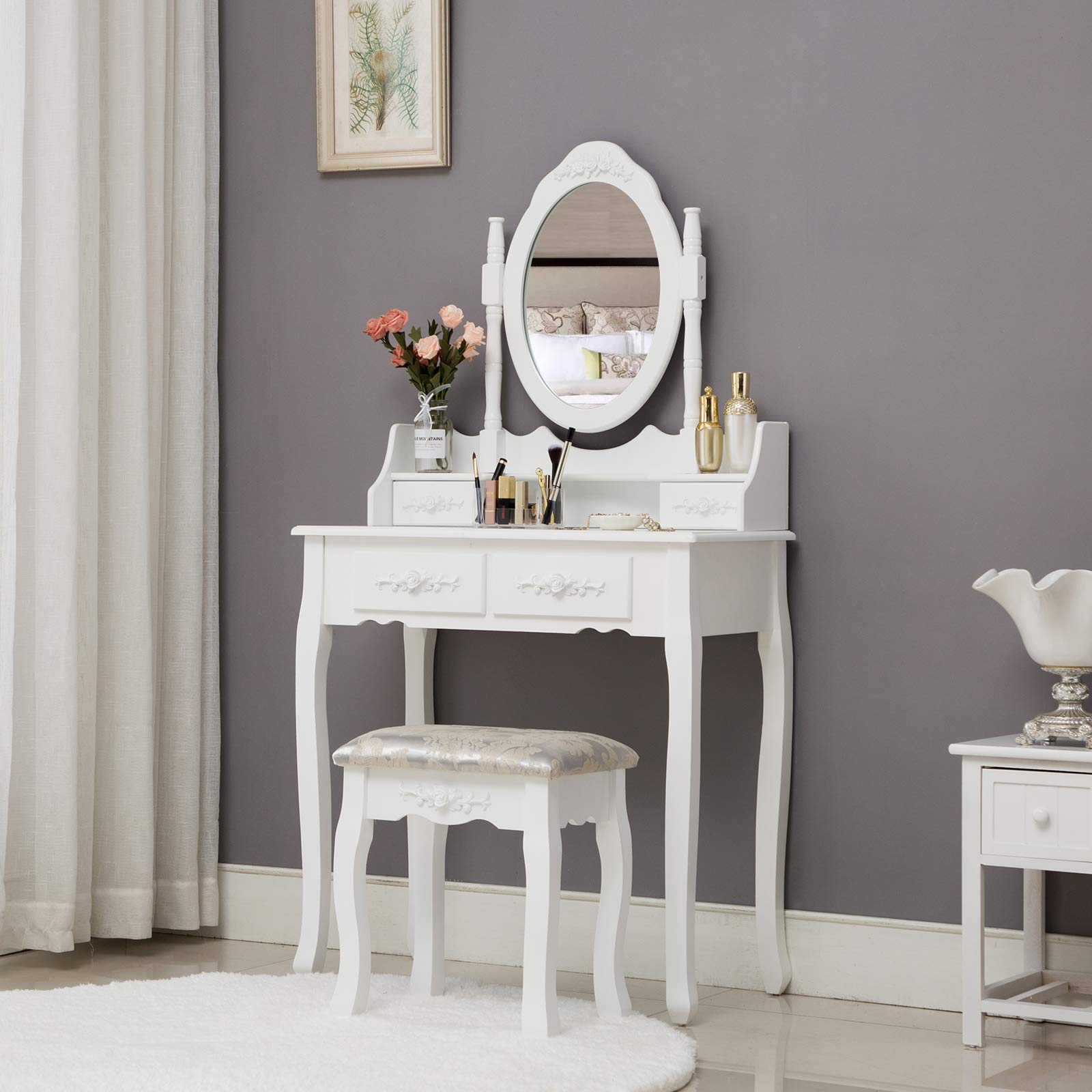 HONBAY White Makeup Vanity Table Set with Oval Mirror, 4 Drawers & Cushioned Stool - Perfect Dressing Table for Bedroom, Bathroom, or Beauty Salon