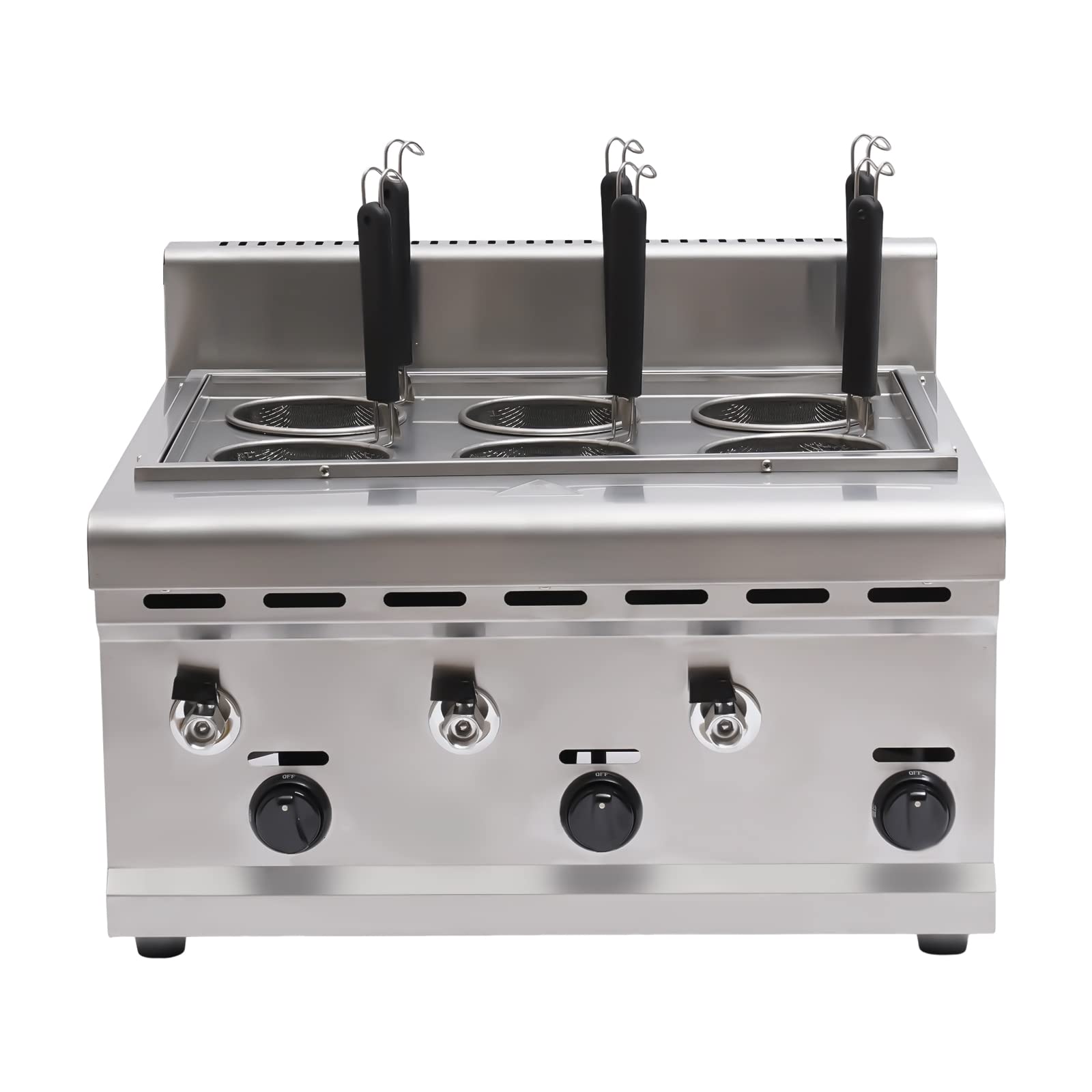 Commercial Pasta Cooker with 6 Strainer Baskets - LPG Gas Noodle Cooking Machine for Restaurants - 3 Compartments & 6 Noodle Filters - Perfect for Pasta, Ramen & Pho Preparation in Commercial Kitchens