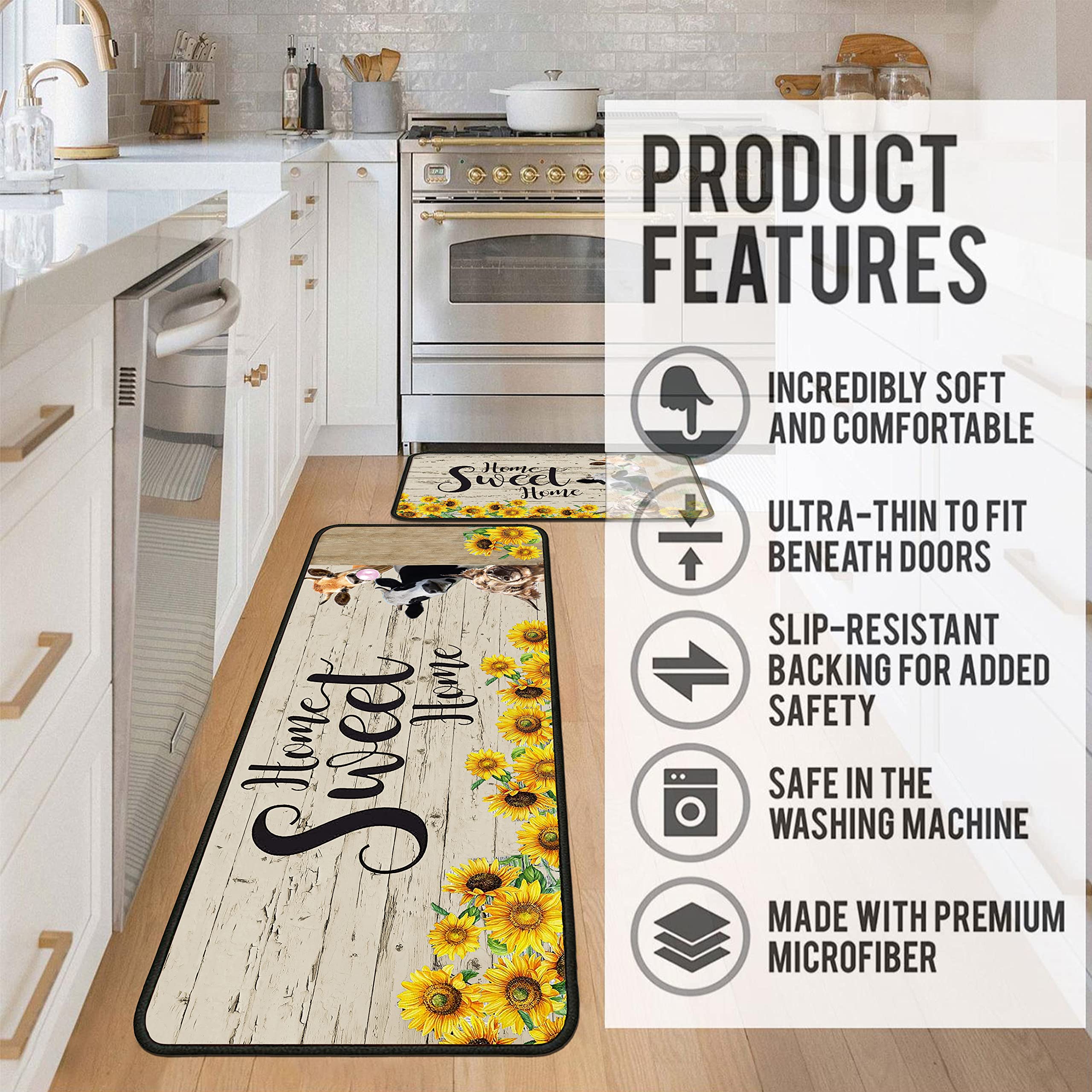2-Piece Sunflower Non-Slip Kitchen Rugs Set - Anti-Fatigue Floor Mats for Sink & Standing Areas (17