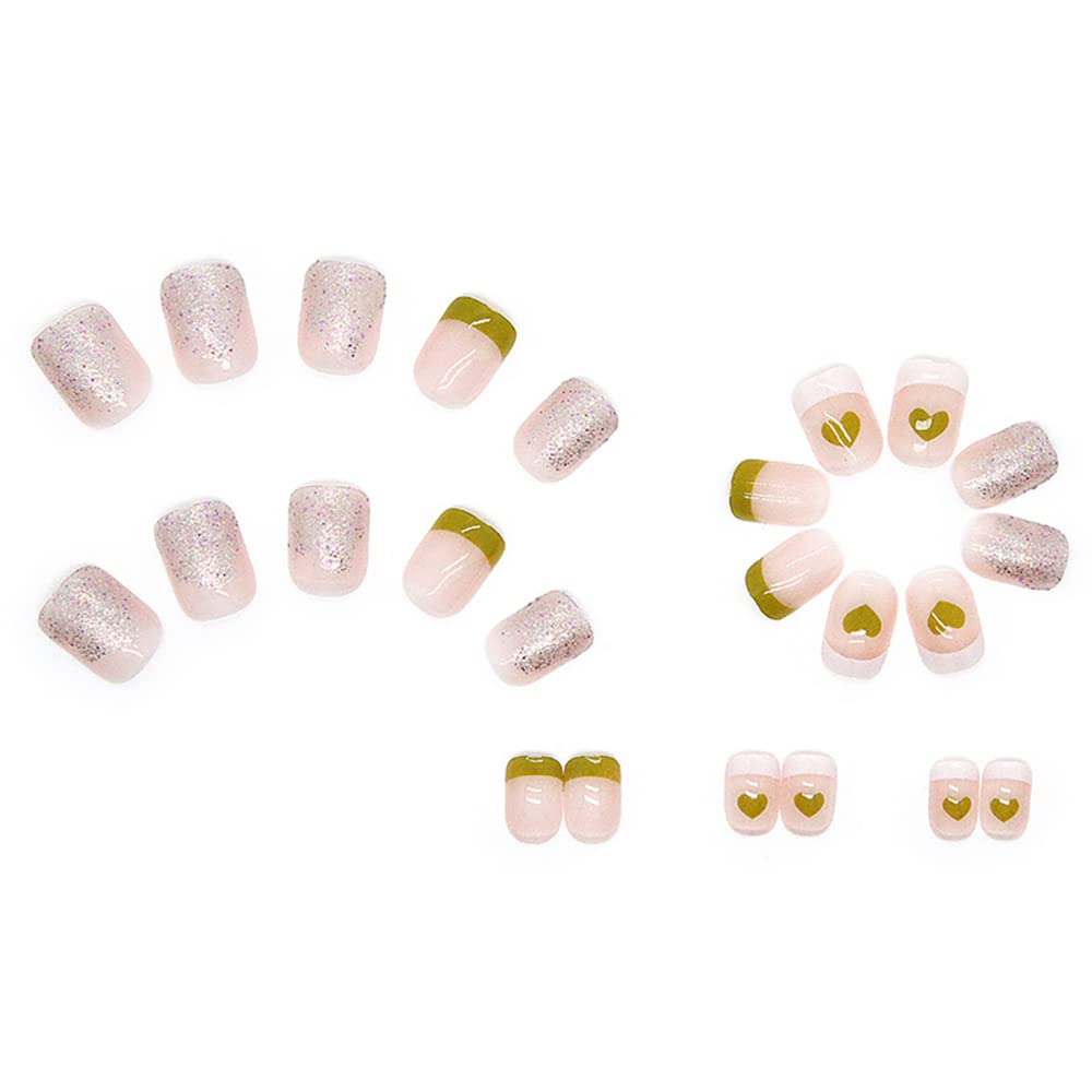 24Pcs French Tip Press on Nails Short Coffin Fake Nails with Heart Glitter Design - Full Cover Summer Artificial Nails for Women & Girls - Perfect for Parties, Weddings, and Daily Manicures