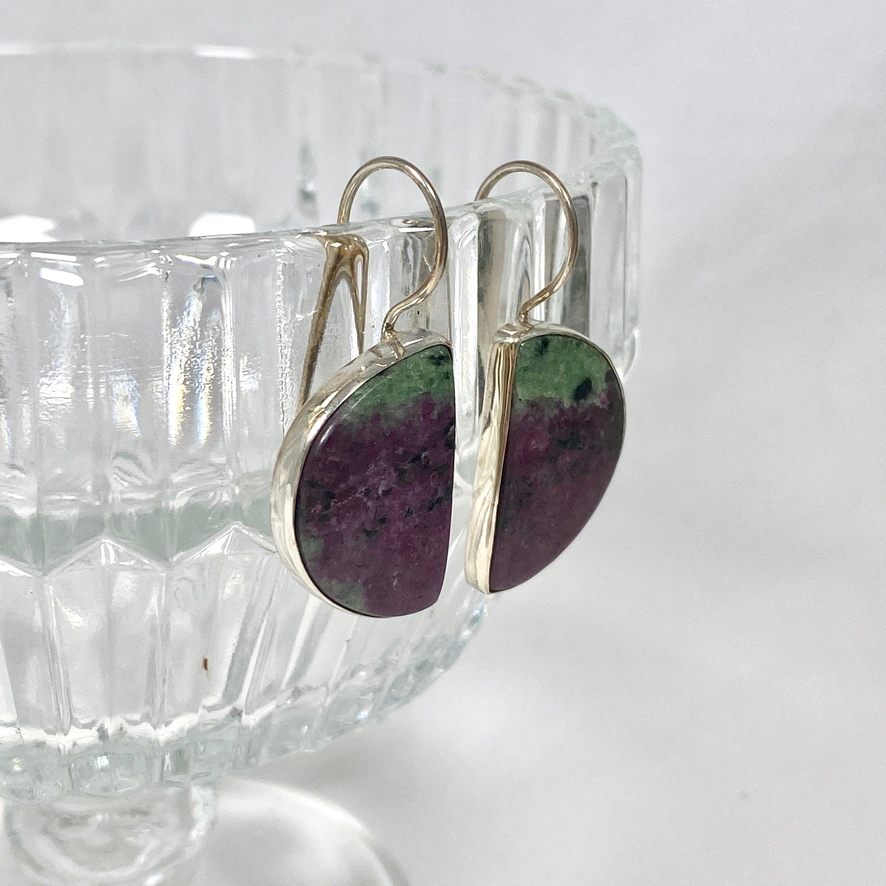 Natural Ruby in Zoisite Half Moon Earrings with Fixed Hook - Elegant Handmade Jewelry for Women - Perfect for Weddings, Parties & Special Occasions - KEGJ1118