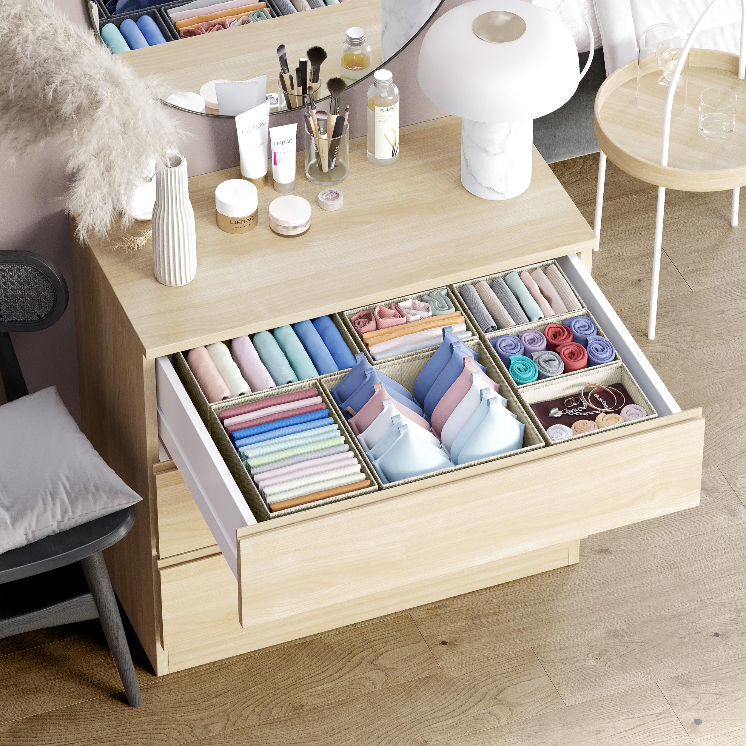12-Piece Beige Drawer Organizer Set for Clothes - Perfect for Nursery, Bedroom & Closet Storage - Baby Clothes Organizer & Dresser Drawer Dividers for Home Organization (Great for Newborn Essentials, Socks & Undergarments)