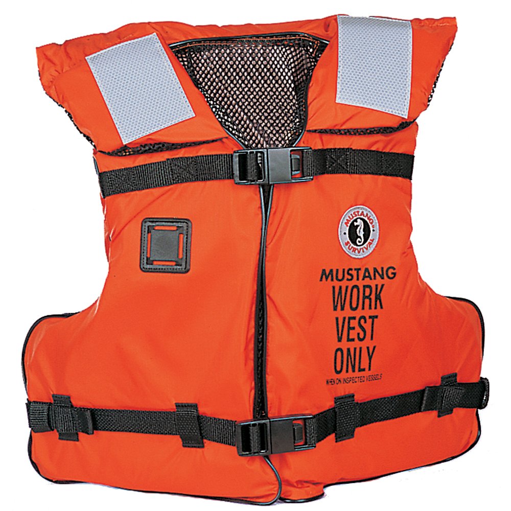 **MUSTANG SURVIVAL USCG Approved Work Vest with SOLAS Reflective Tape - Orange, One Size - Fast Tab Attachment, Mesh Lining, Side Adjustment - Ideal for Boating, Fishing & Water Safety**