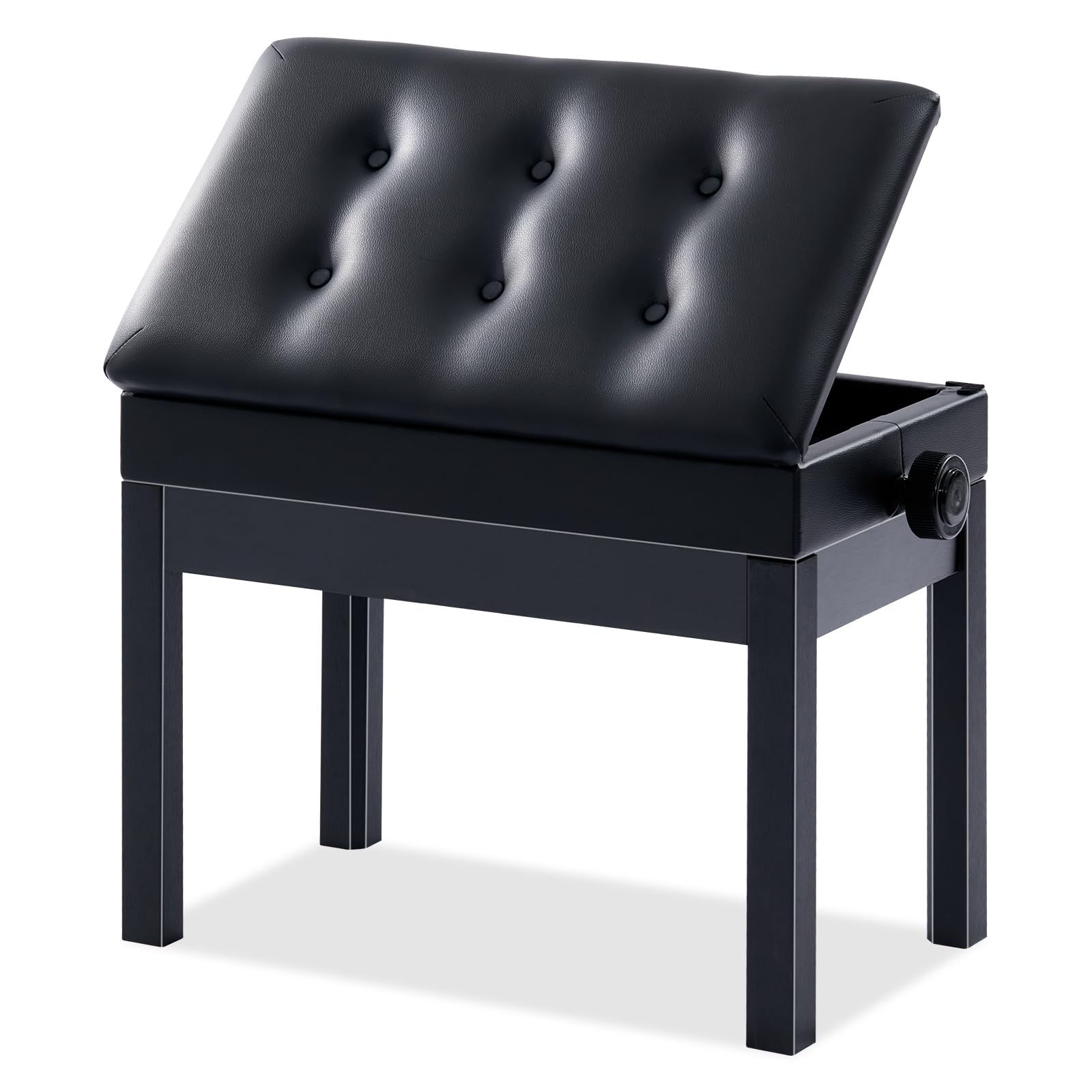Adjustable Wooden Piano Bench with Storage - Black Padded Seat, Sheet Music Compartment (22.05
