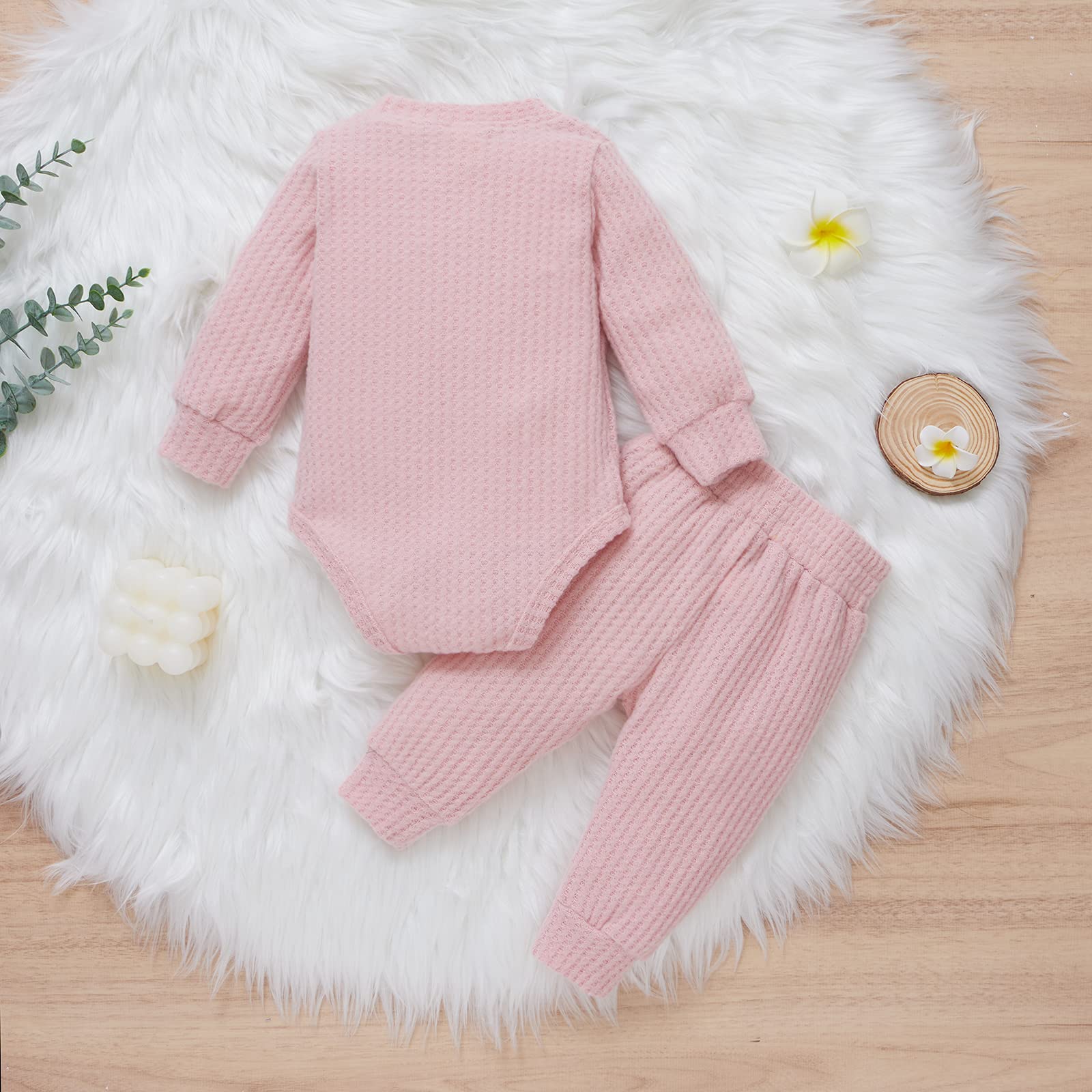 Fall Winter Newborn Baby Clothes Set - Unisex Infant Waffle Knit Outfit with Long Sleeve Top & Pants | Cozy Winter Wear for Babies
