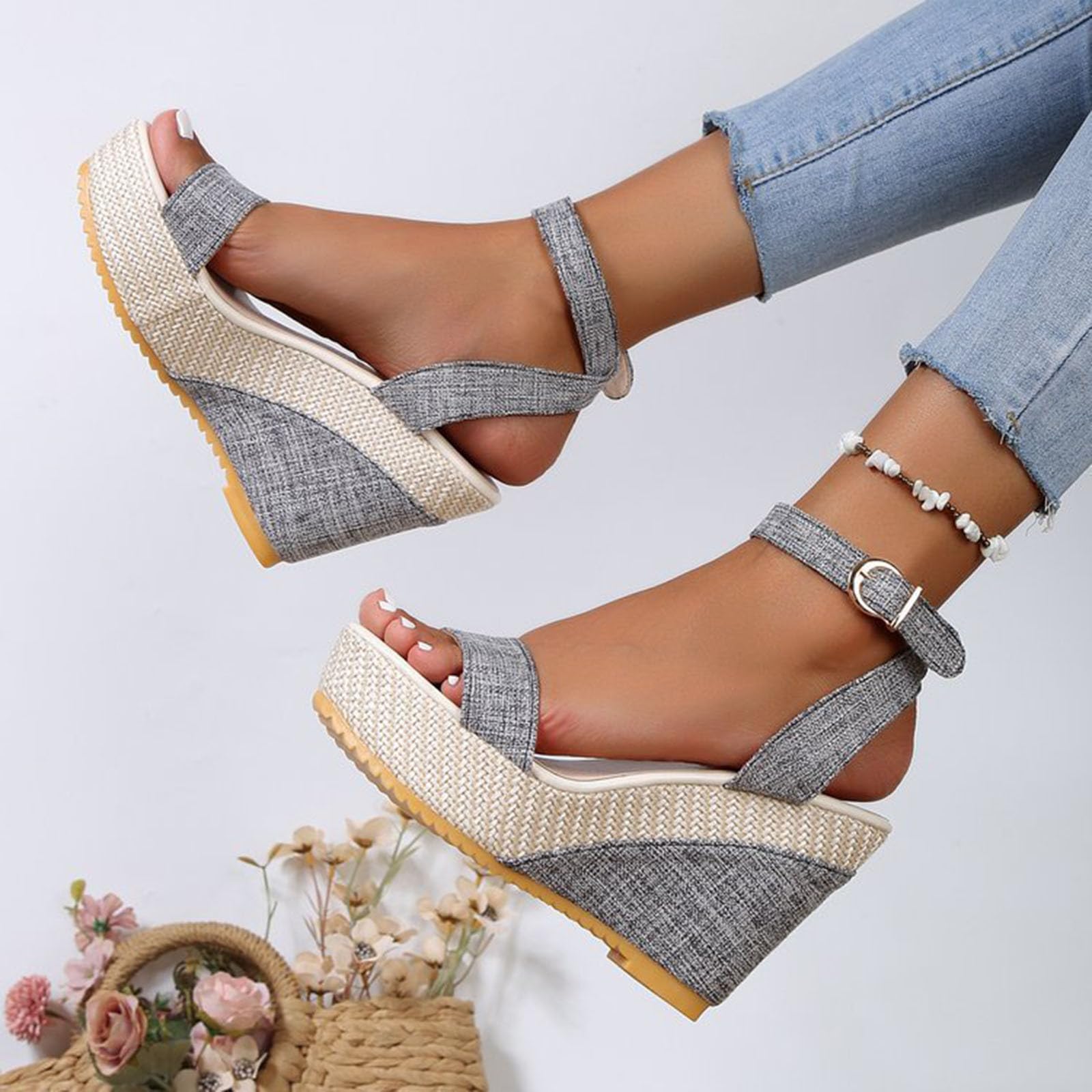 Oelaio Women's White Wedge Sandals - Summer Boho Roman Fish Mouth Sandals Size 8.5 | Comfortable Beach Walking, Vacation Outfits & Casual Fashion