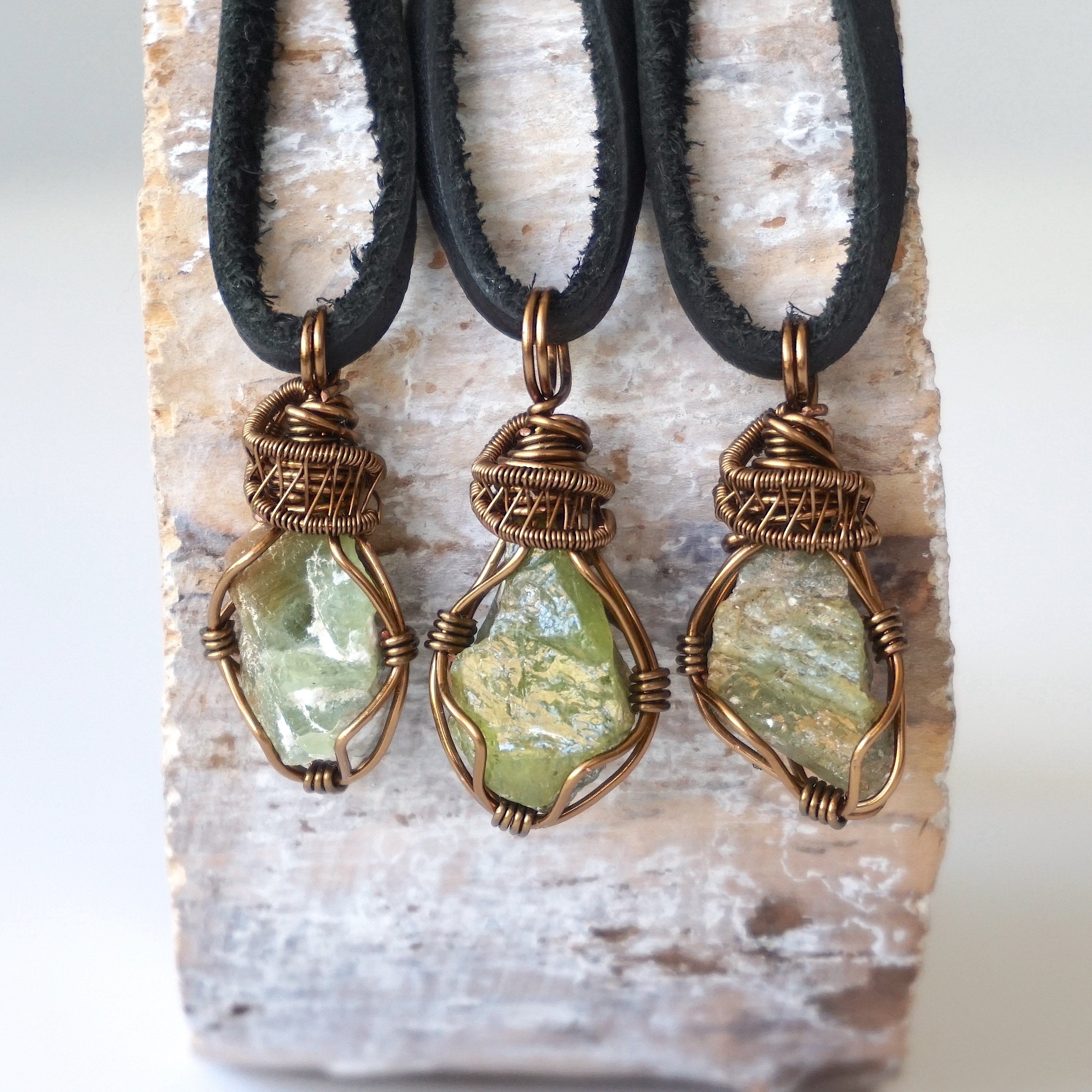 Antique Bronze Raw Peridot Necklace for Men - Genuine Leather Cord Jewelry Gift for Birthday, Anniversary & Special Occasions