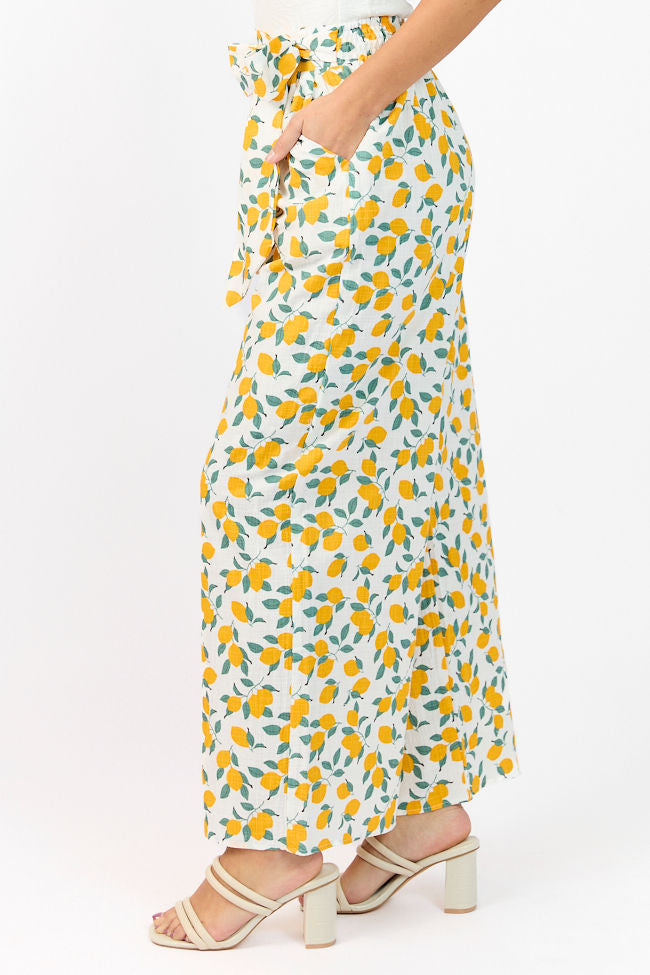 Main Squeeze Ivory Lemon Print Belted Wide Leg Pants - Women's Casual Summer Trousers for Beach, Vacation & Boho Style Outfits