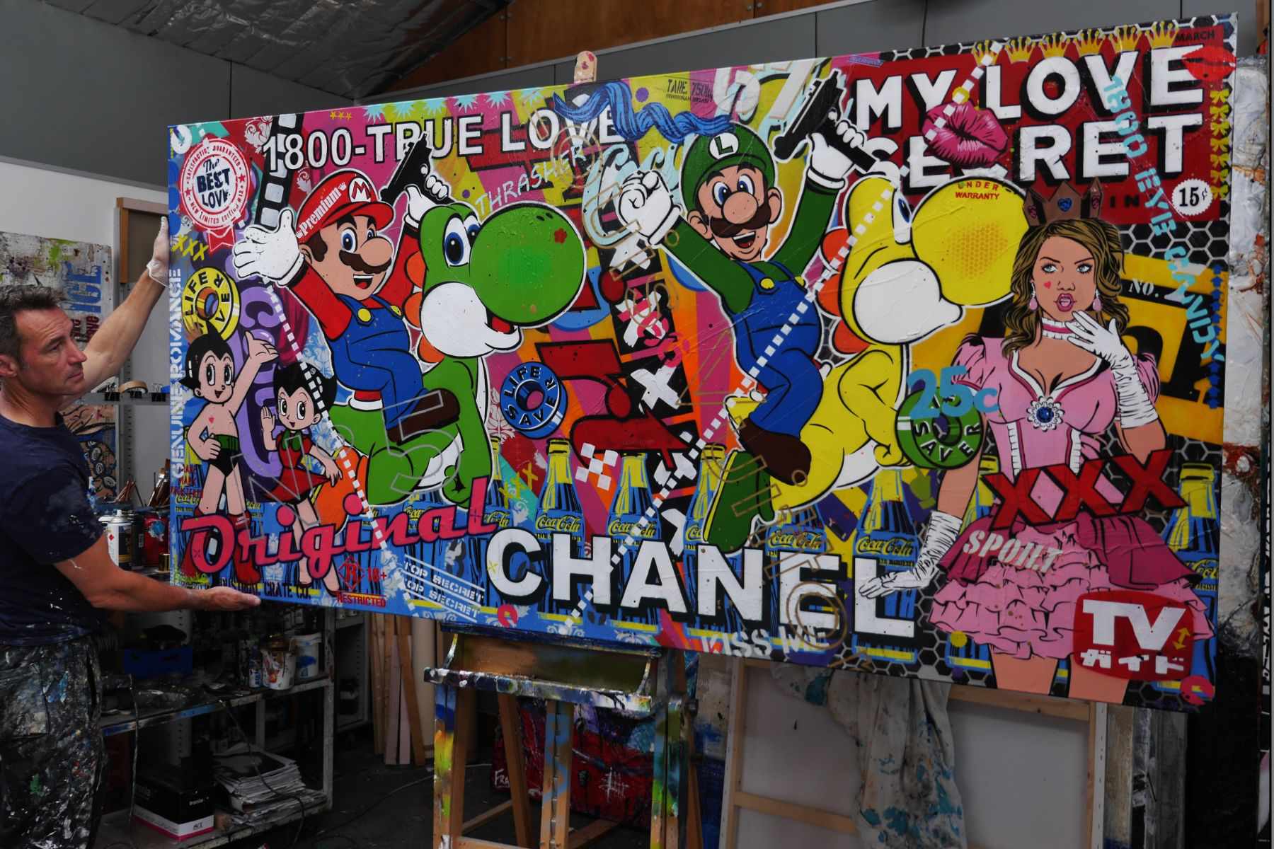 Princess Peach's Secret Love 240cm x 120cm Super Mario Bros Pop Art Painting - Textured Urban Wall Decor for Game Room, Living Room & Bedroom