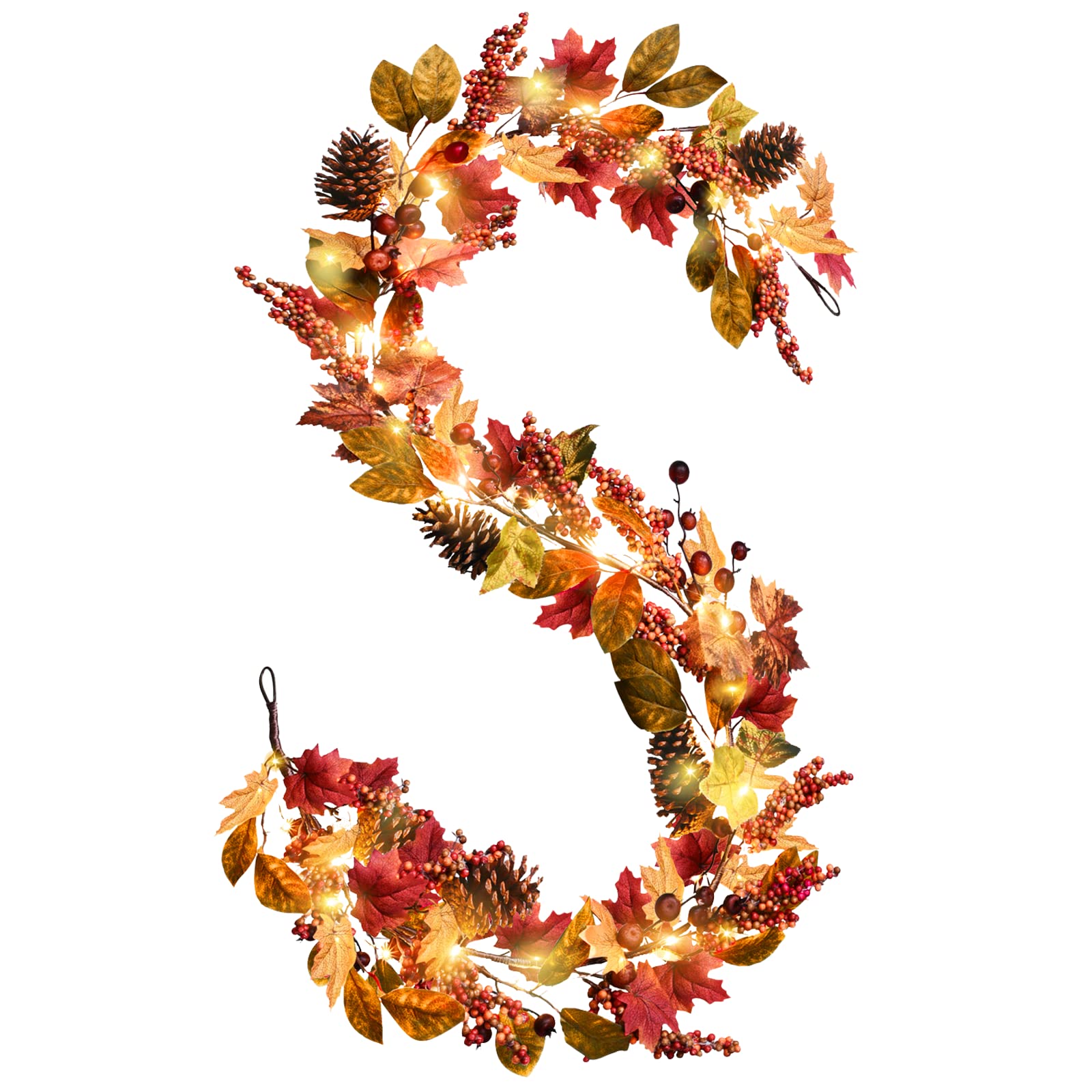 DDHS 6Ft Fall Garland with LED Lights - Artificial Maple Leaves, Pine Cones & Red Berries for Thanksgiving & Halloween Decor - Perfect for Mantle, Porch, Fireplace, Indoor & Outdoor Autumn Wall Decoration | Great for Home, Party & Seasonal Festivities