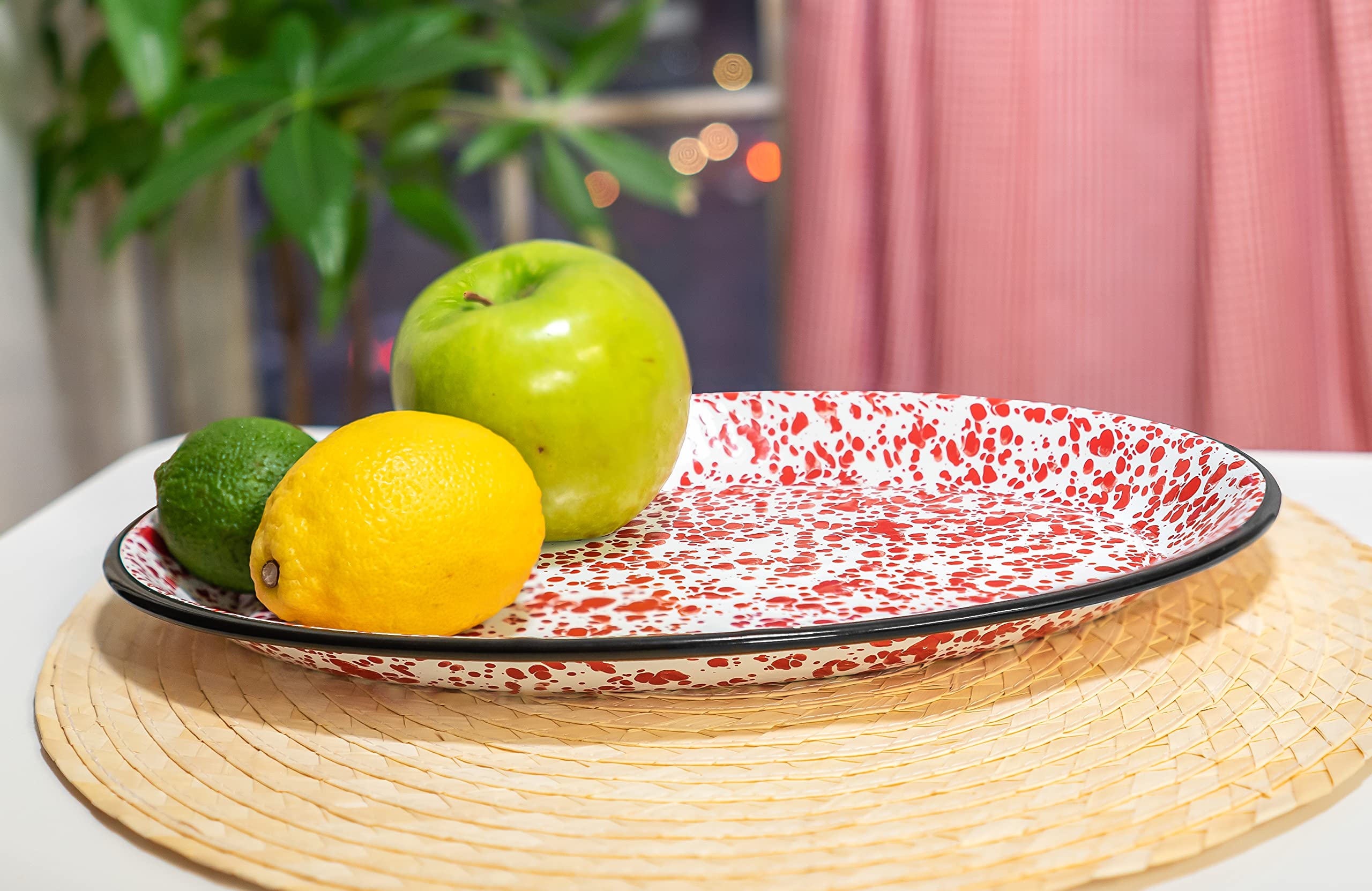 Red Co. Enamelware 13-Inch Oval Serving Tray - Classic Red Marble & Black Rim Splatter Design | Durable Metal Platter for Entertaining, Buffets & Home Decor