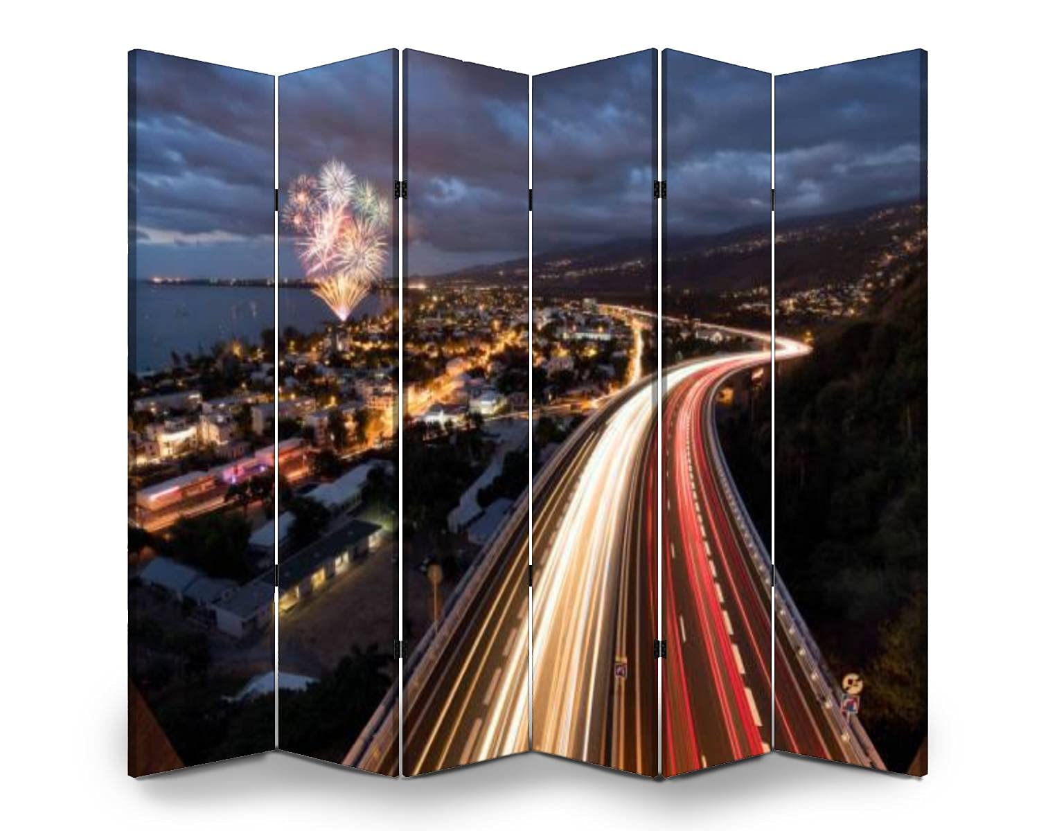 6 Panel Folding Room Divider - Fireworks & Cityscape Canvas Privacy Screen for Home & Office - Freestanding Indoor Partition with Saint Paul Tamarin Road Design - Perfect for Bedroom, Living Room, and Workspace Separation