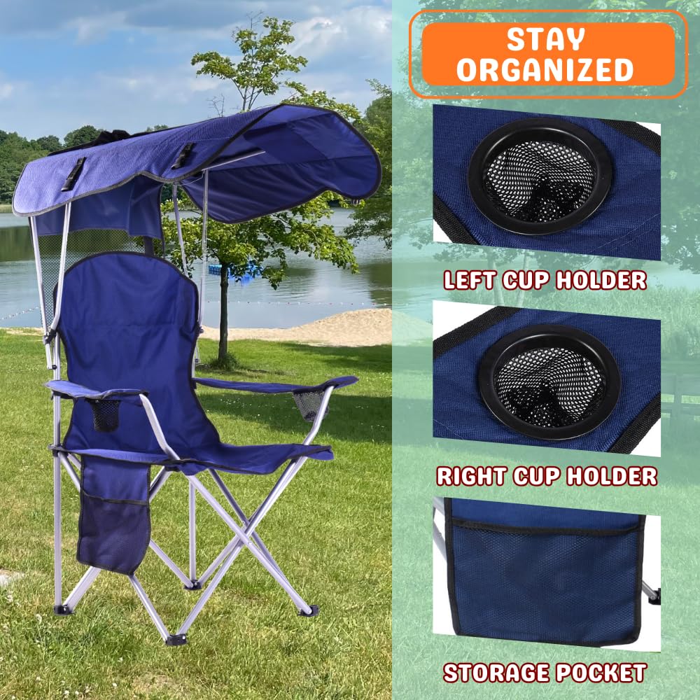 CozyBox Portable Folding Camping Chair with Canopy Shade - Heavy Duty 600D Oxford Fabric Beach Chair for Adults - Weather Resistant Outdoor Lounge Chair for Camping, Beach, Picnic, Backyard & Tailgating [Navy]