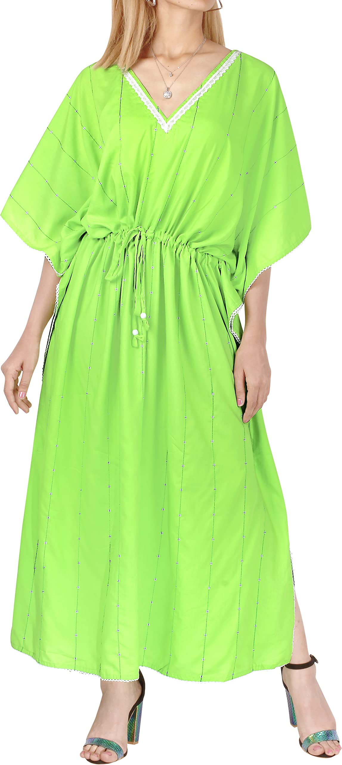 LA LEELA Women's Loose Caftan Dress - Long Sleeve Casual Maxi Mumu Dress for Beach, Lounge & Summer Vacation | Flowy Boho Tunic for Plus Size Women