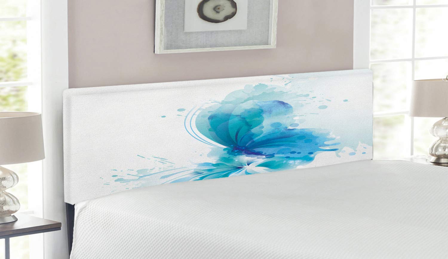 Ambesonne Queen Size Upholstered Headboard - Watercolor Abstract Blue Butterfly & Blooming Flower Romantic Design, Decorative Metal Bed Frame with Memory Foam in Sky Blue & White | Perfect for Master Bedroom, Guest Room & Bohemian Home Decor