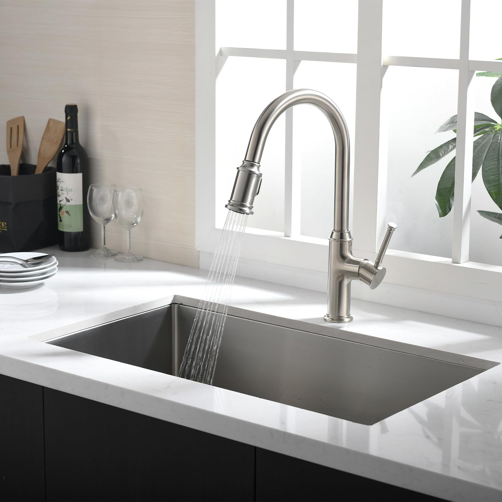 Brushed Nickel Kitchen Faucet with Pull Down Sprayer - Single Handle Modern Sink Faucet for 1 or 3 Hole Installation (Deck Plate Included) - Perfect for Home Kitchen Remodeling & Commercial Use - Model KF421-BN