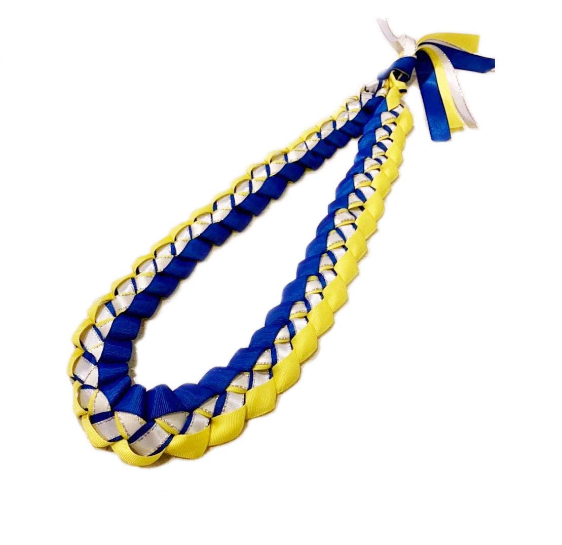 Royal Blue Yellow White Braided Ribbon Lei Necklace - Hawaiian Graduation Party Accessory - Perfect for Graduation Ceremonies, Luaus, and Festive Celebrations