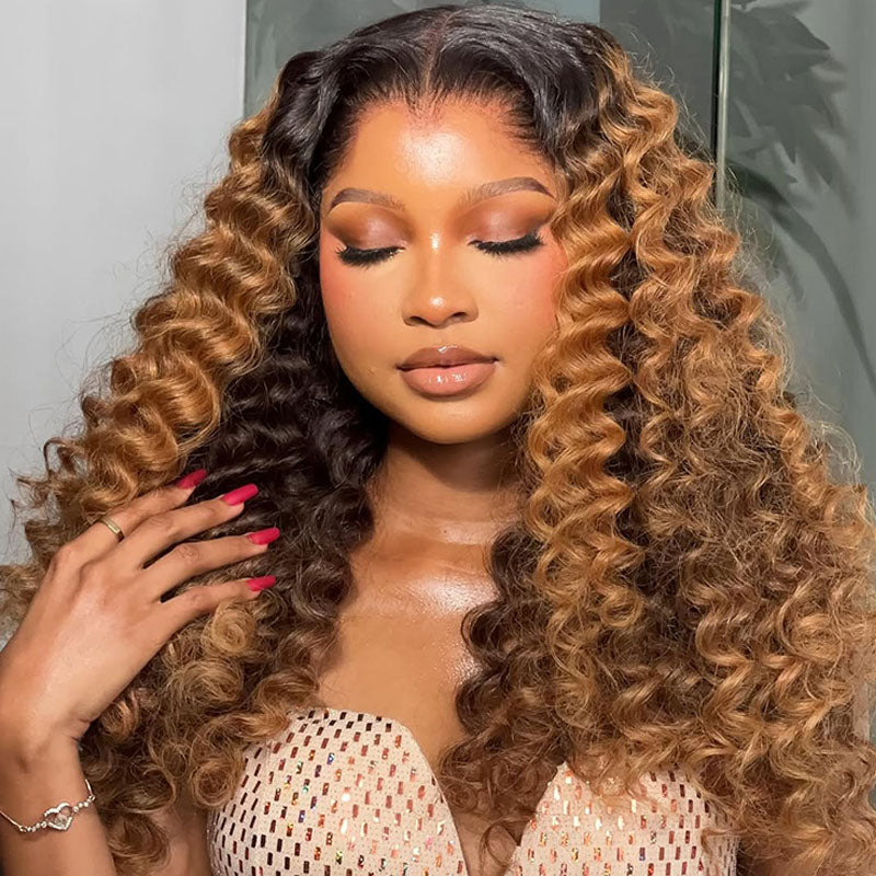 Eullair T1B Honey Brown Deep Curly Human Hair Lace Front Wig - Pre-Colored Glueless Lace Wig for Women (EW012) | Natural Look for Daily Wear, Parties & Special Occasions