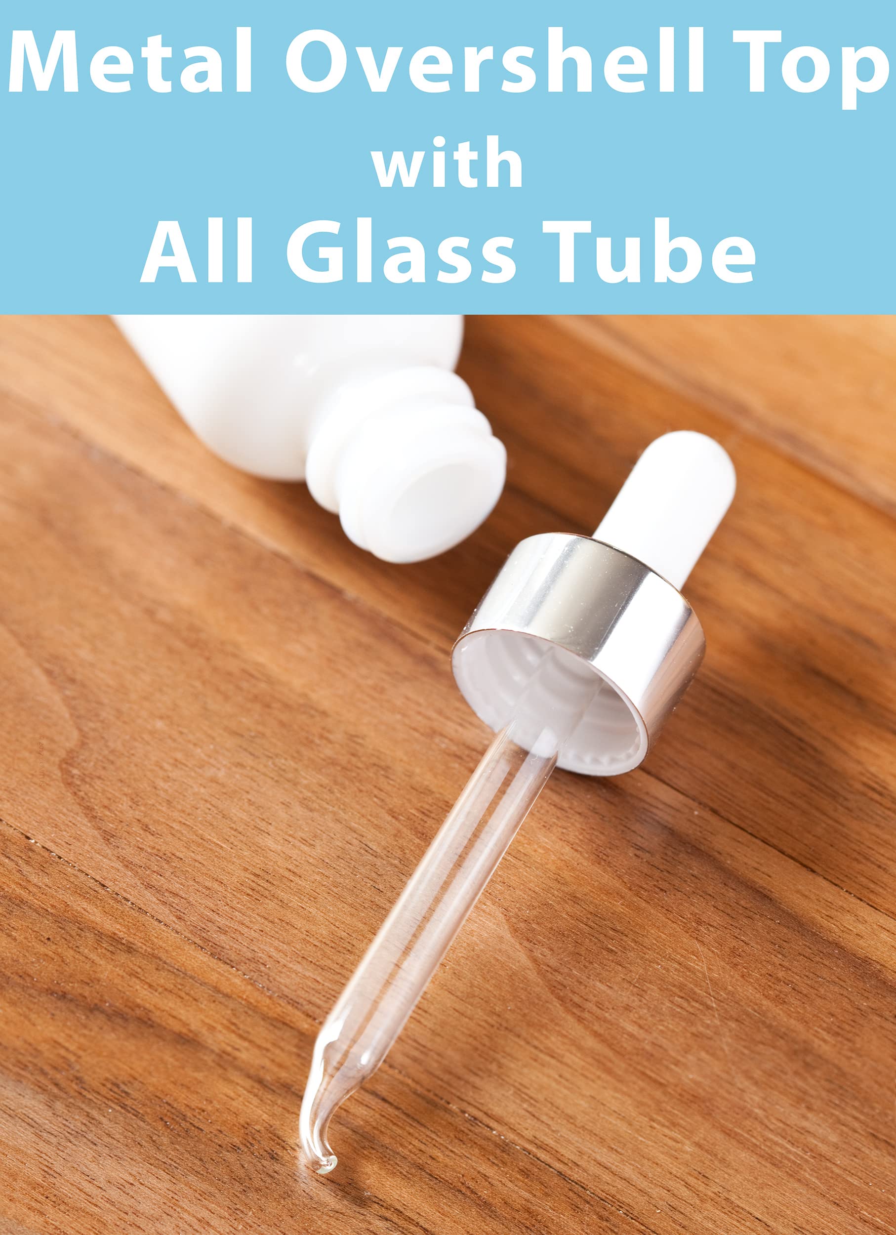 JUVITUS 1 oz Opal White Boston Round Glass Bottle with Silver Metal Dropper - 24 Pack + Funnel for Essential Oils, DIY Beauty, and Travel Size Liquids