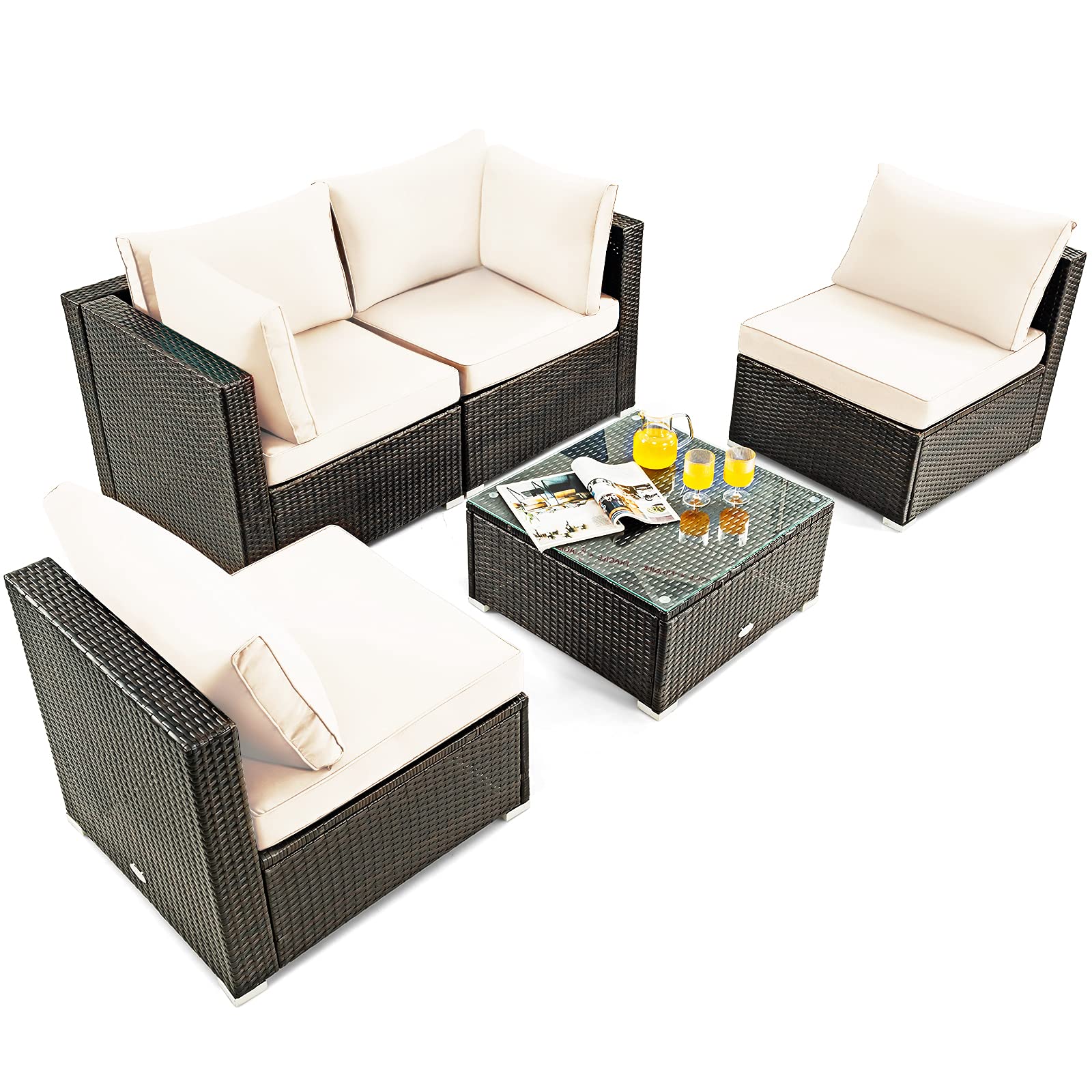 HAPPYGRILL 5-Piece Outdoor Patio Furniture Set - Rattan Wicker Sectional Sofa with Coffee Table & Cushions - Perfect for Backyard, Porch, Garden, and Poolside Relaxation