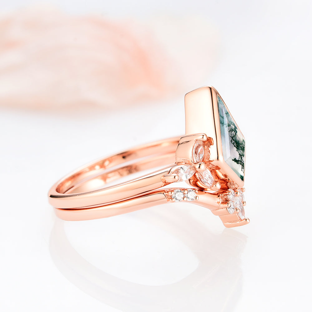 14K Rose Gold Vermeil Kite Green Moss Agate Ring Set for Women - Elegant Boho Jewelry Gift for Birthday, Anniversary & Special Occasions