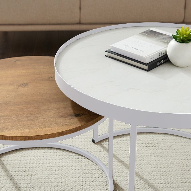 Modern Nested Coffee Table Set - White Marble Look Top with English Oak Base & White Frame - Contemporary Living Room Furniture for Small Spaces | Perfect for Apartments, Condos and Cozy Home Decor