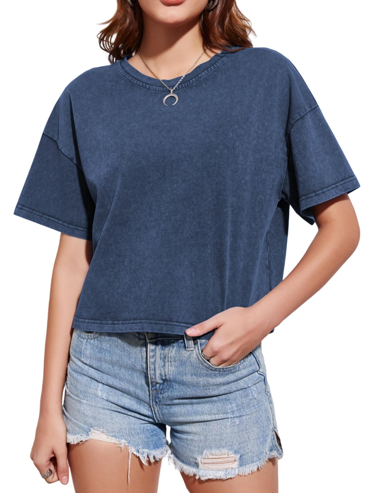 Imily Bela Women's Cropped Crewneck Short Sleeve Vintage Washed T-Shirt | Summer Basic Tee for Casual Outfits, Beach Wear & Street Style