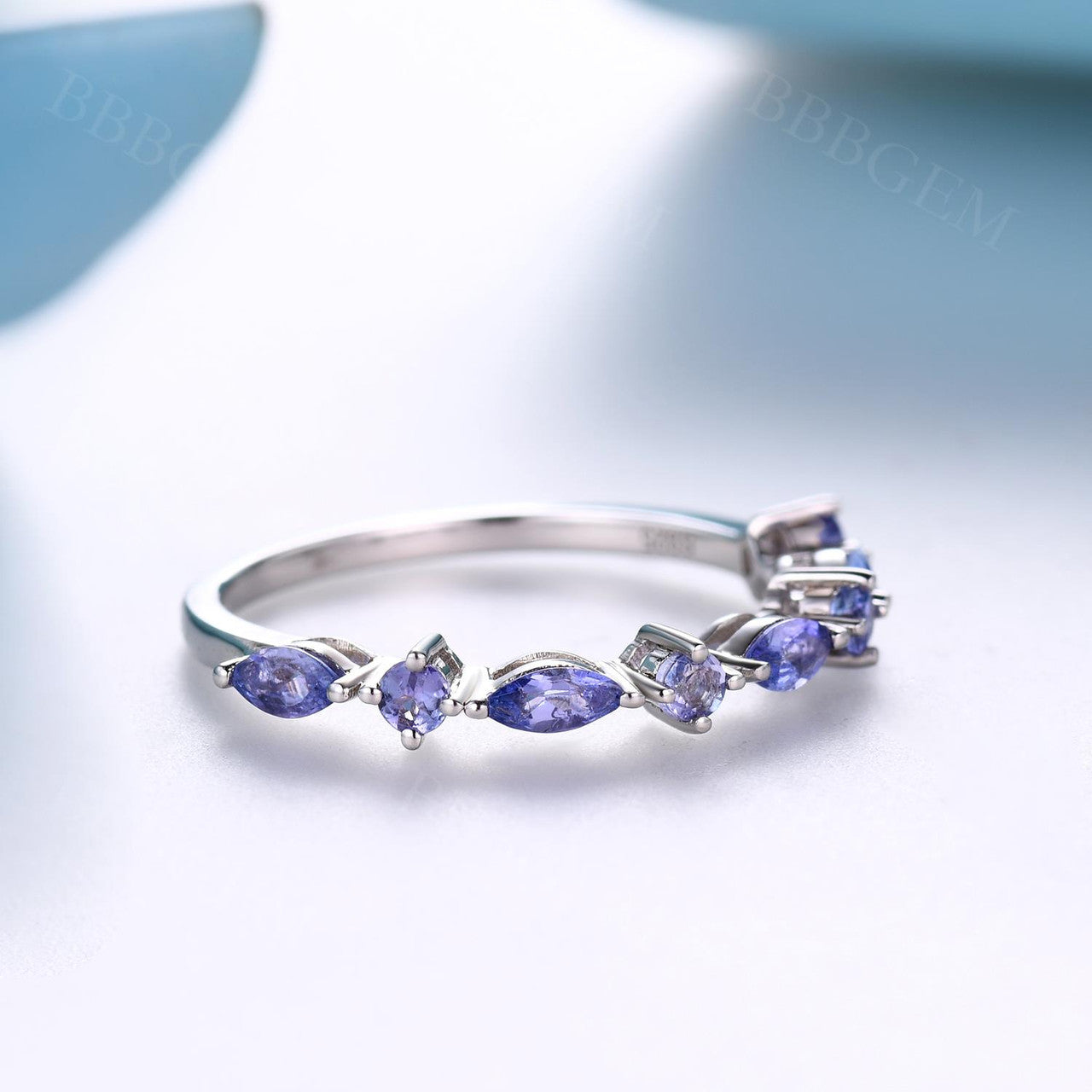 Natural Tanzanite Women's Band Ring - Marquise & Round Cut Half Eternity Shared Prong Gemstone Ring for Wedding, Anniversary & Special Occasions