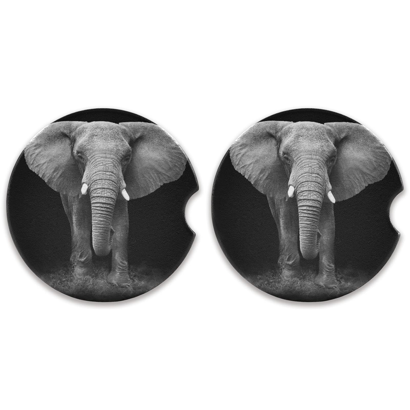 2 Pack African Elephant Ceramic Car Coasters - Absorbent Drink Coasters for Car Cup Holders with Non-Slip Grip (2.5 Inch) - Perfect for Coffee, Tea, and Beverages in Cars, Trucks, and SUVs