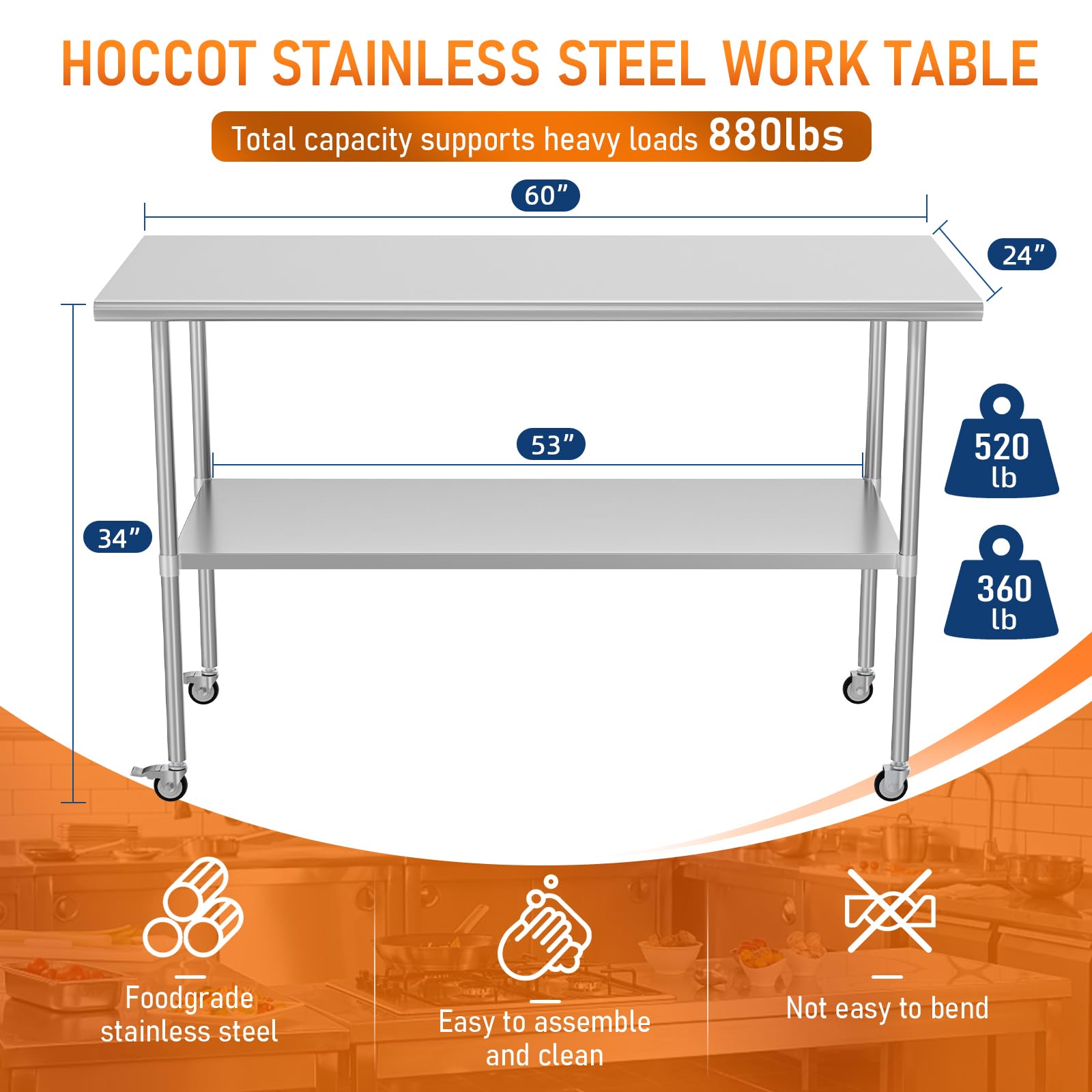 Stainless Steel Prep & Work Table with Adjustable Shelf & Wheels - 24