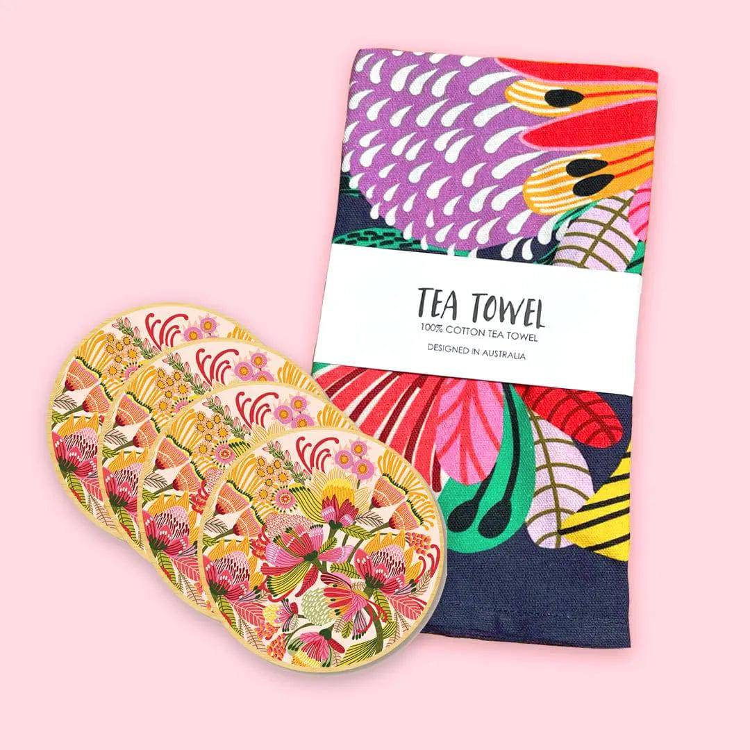 Premium Wild Proteas Tea Towel & Coaster Set - 100% Cotton Kitchen Towels with Absorbent Coasters - Perfect for Tea Time, Kitchen Decor & Housewarming Gifts