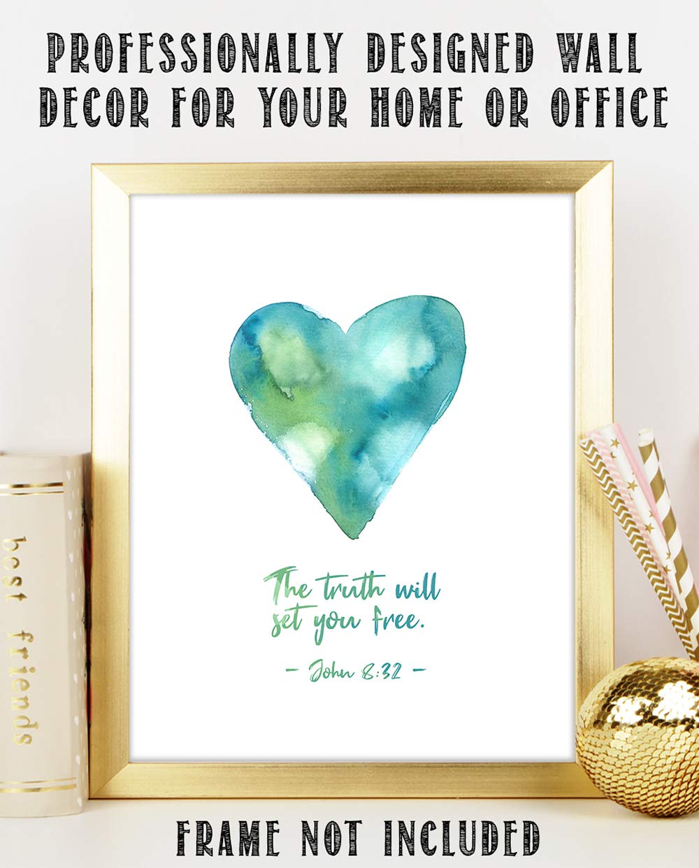 TJ Originals - John 8:32 Bible Verse Wall Art Decor 'The Truth Will Set You Free' - 11x14 Christian Scripture Print - Inspirational Home & Office Decor - Perfect Gift for Women, Family & Friends (Green Heart) - Ideal for Living Room, Bedroom, Church or Prayer Room Decor