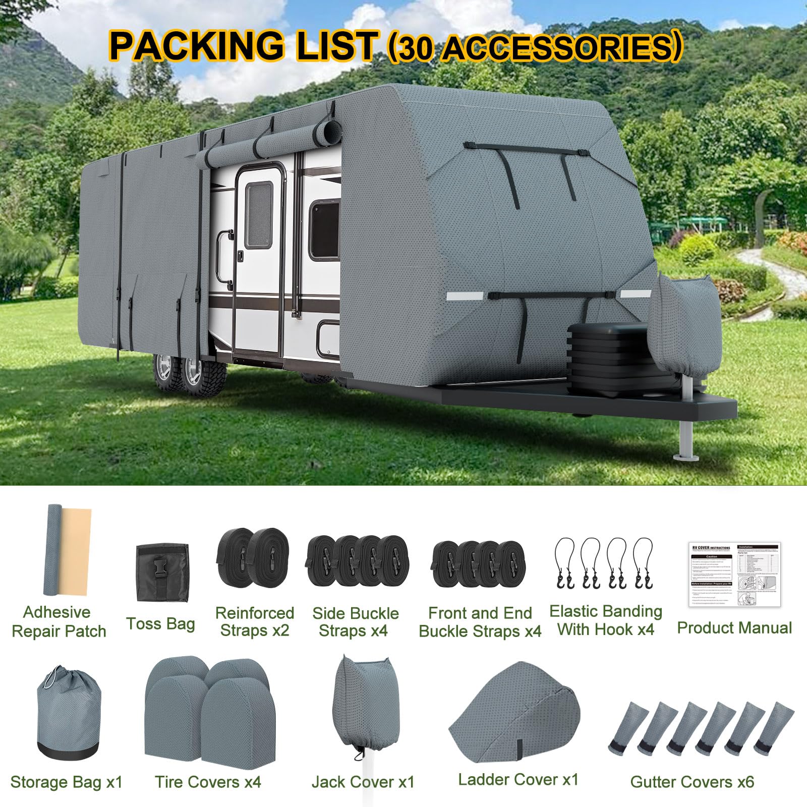 Heavy Duty RV Cover 20-22ft - 8-Layer Waterproof Windproof Camper Cover with Tongue Jack Cover & Extra Windproof Ropes | UV Protection for Travel Trailers | Perfect for Winter Storage & Outdoor Protection