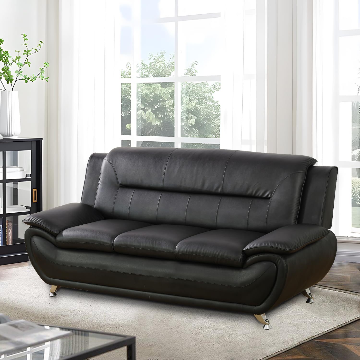 Modern 3-Piece Faux Leather Sofa Set - Black Living Room Furniture for Apartment, Office & Home | Comfortable Sectional Couch for Entertaining, Relaxing & Small Spaces