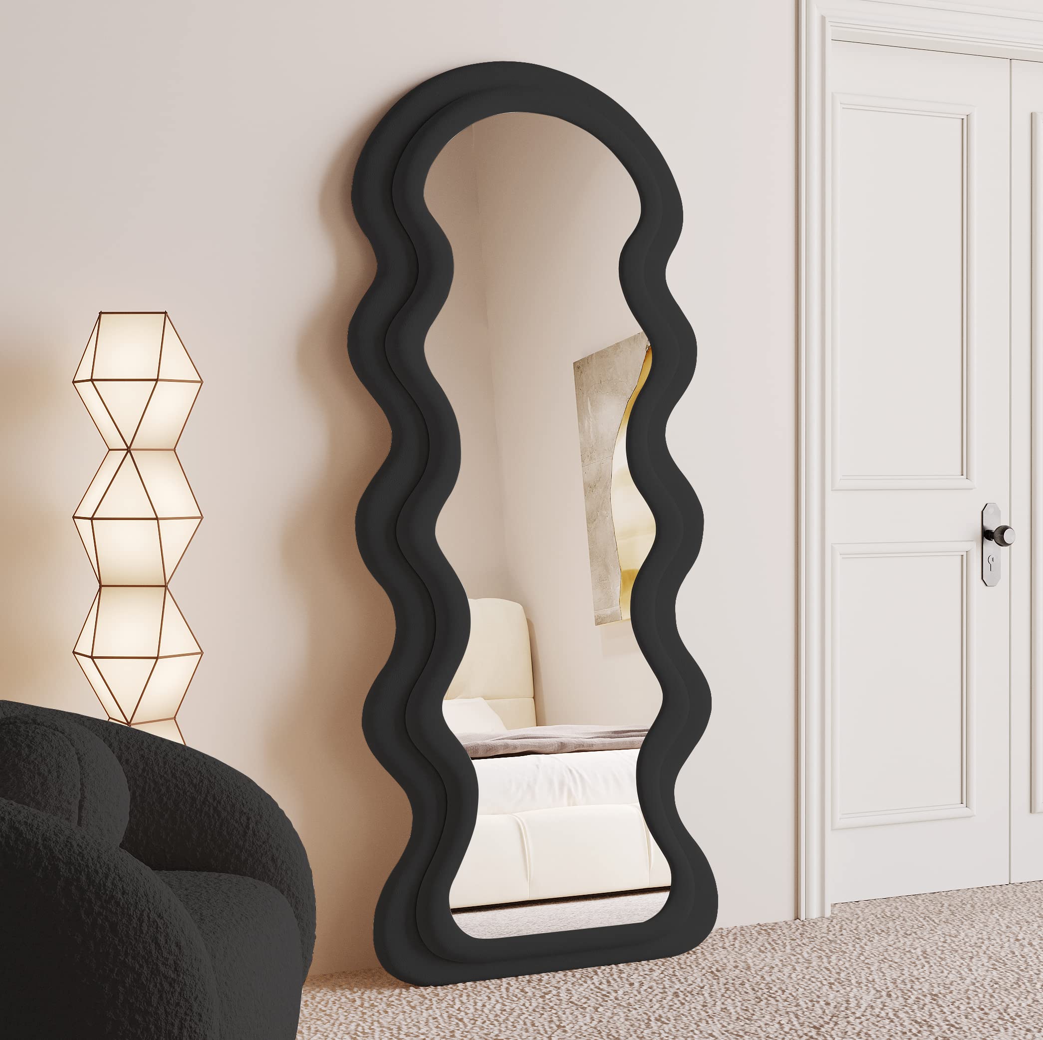 BOJOY 63x24 Inch Full Length Mirror with Wavy Design, Arched Floor Mirror for Bedroom, Wall Mount or Freestanding, Flannel Wrapped Wooden Frame - Black | Perfect for Dressing Room, Hallway, and Home Decor