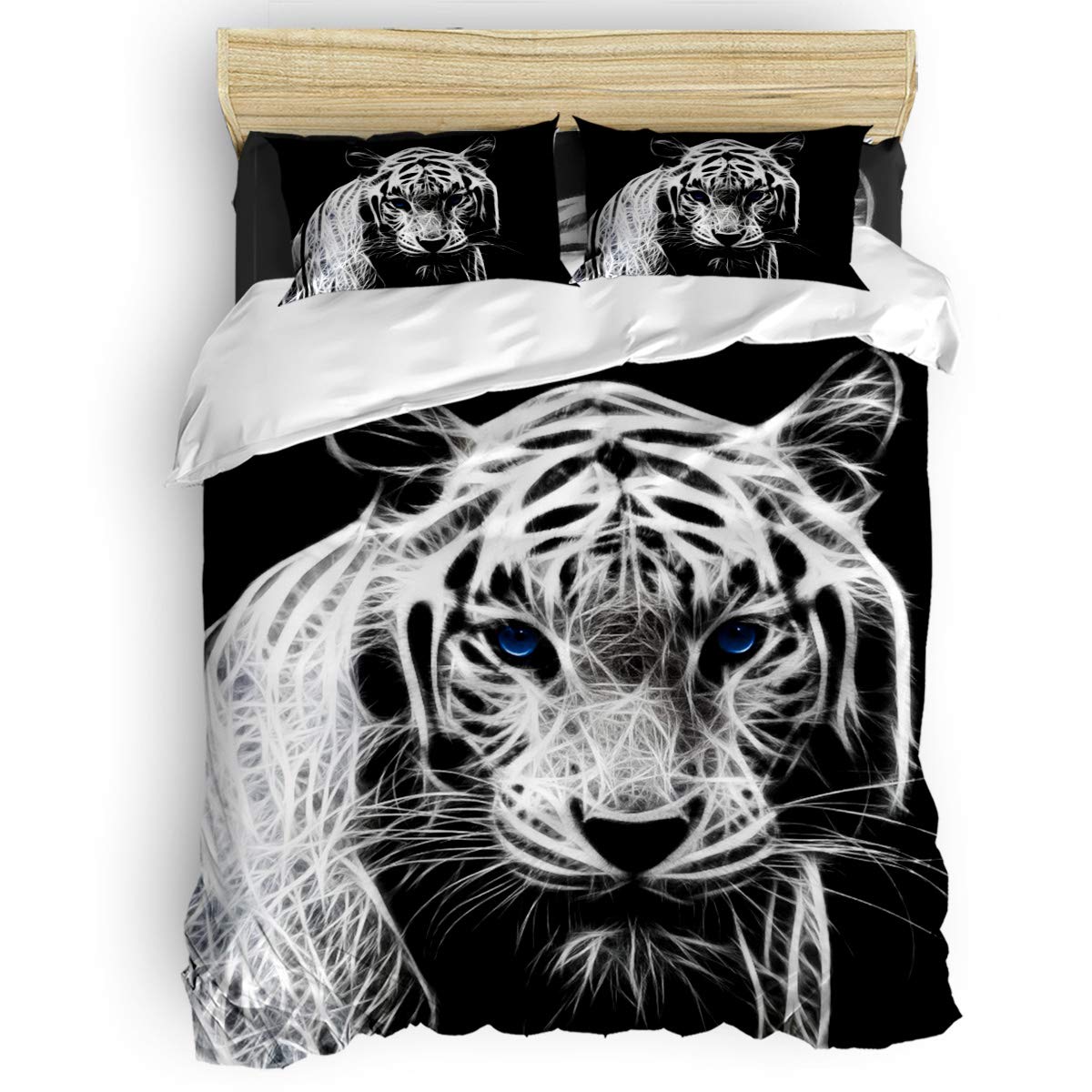 Blue Eyed Tiger King Size Bedding Set - 1 Duvet Cover, 1 Flat Sheet & 2 Pillowcases - Soft Luxury Bed Sheet Set for Master Bedroom Decor