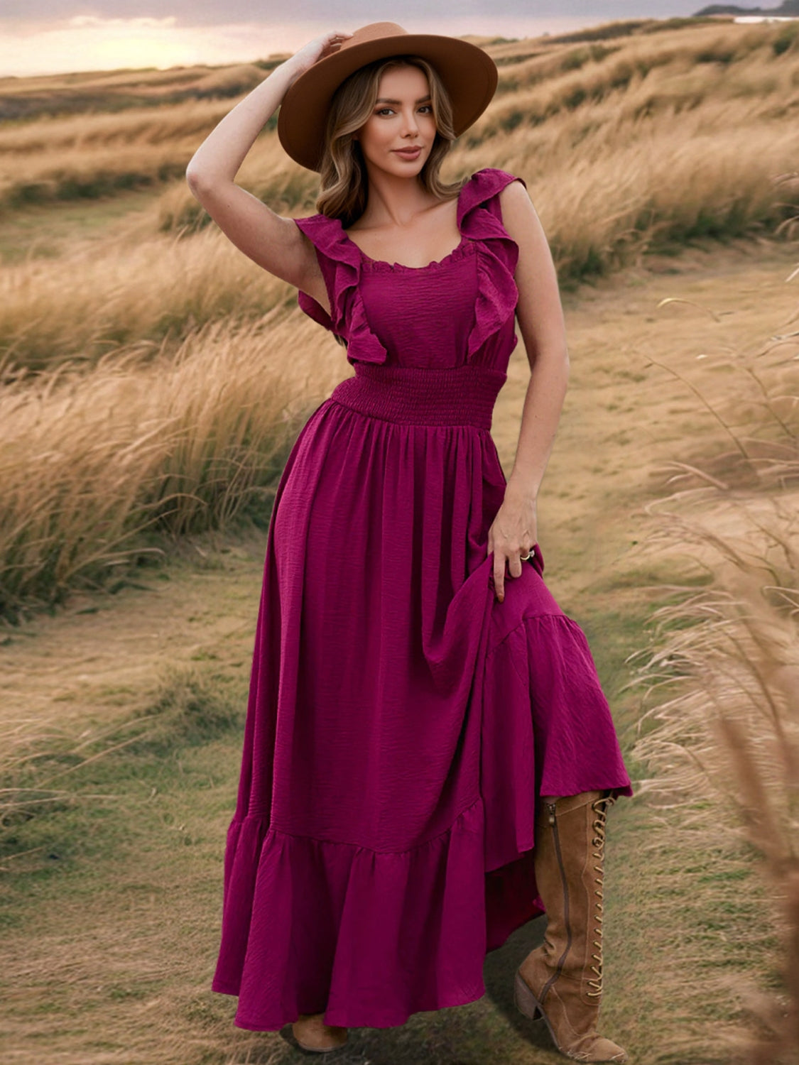 Elegant Ruffled Square Neck Maxi Beach Dress for Women - Flowy Summer Vacation Dress for Beach, Pool, and Resort Wear