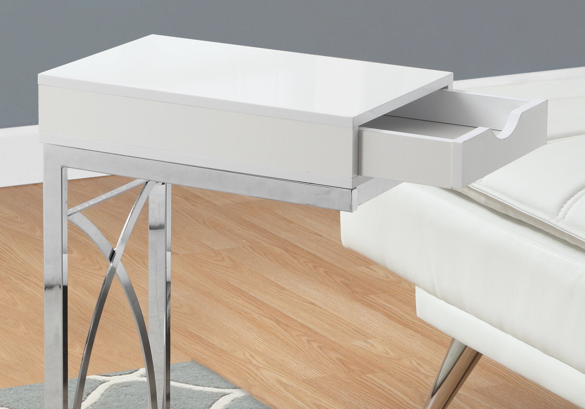 Modern Accent Table with Drawer - Chrome Metal & Glossy White Finish - Perfect for Living Room, Bedroom, or Entryway Decor