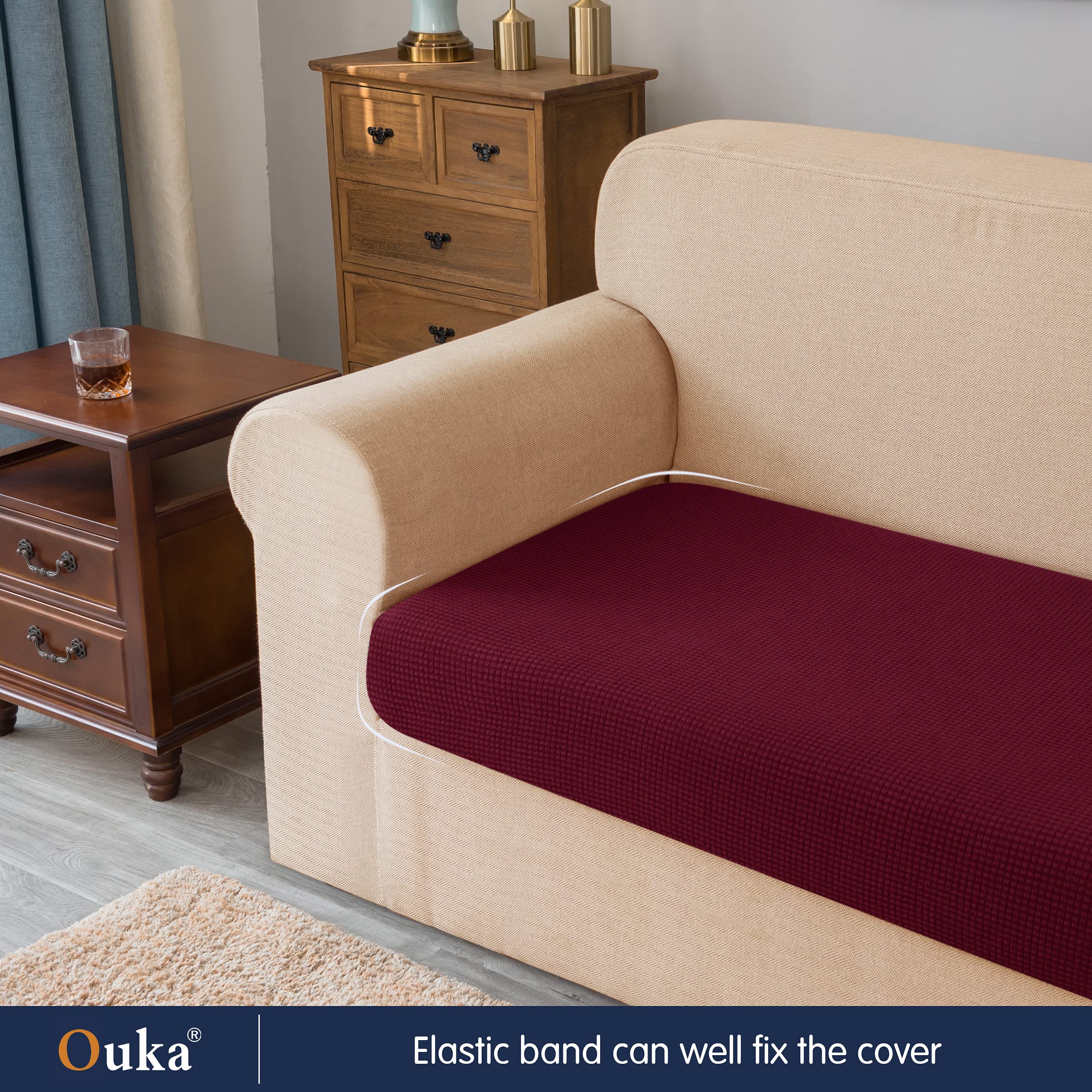 Ouka Stretch Reversible Sofa Cushion Cover - Soft Protector for Couch, Loveseat & Chair - Washable Slipcover for Home Decor (Wine Red) - Perfect for Living Room, Bedroom & Office Use