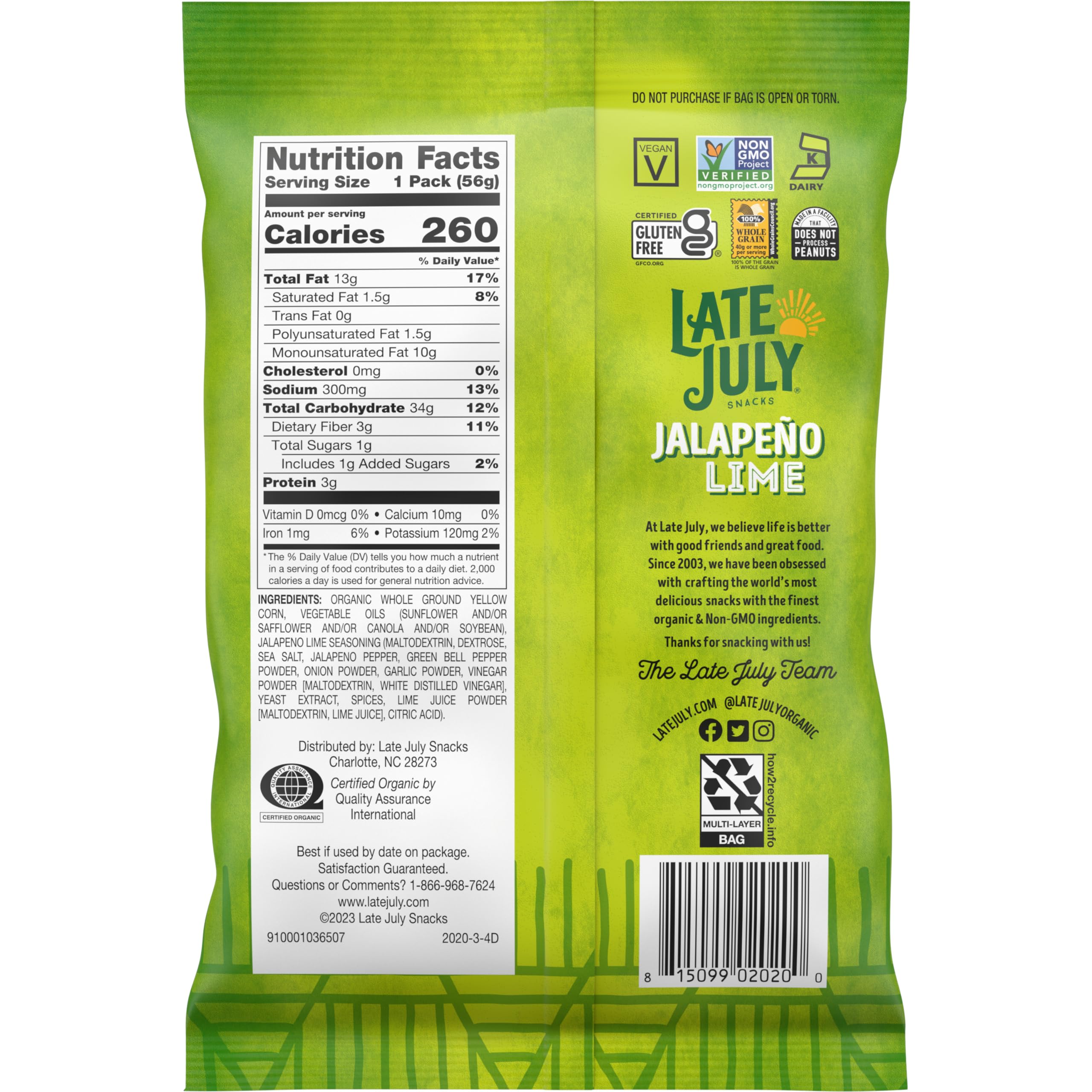 Late July Organic Jalapeño Lime Tortilla Chips - Gluten Free, Non-GMO, 2oz Snack Bags (Pack of 6) - Perfect for Parties, Picnics & Healthy On-the-Go Snacking