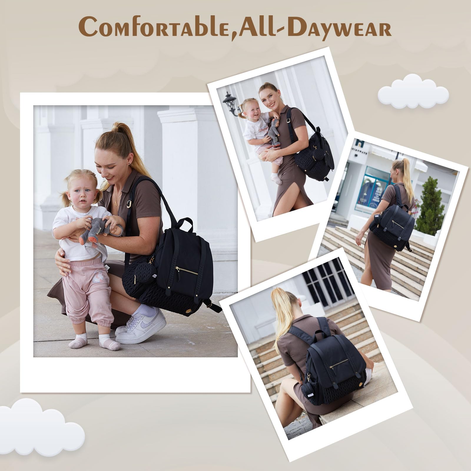 **SEWBOO Large Waterproof Diaper Backpack - Convertible Travel Baby Bag for Moms & Girls, Spacious & Stylish for Daycare, Travel, and On-the-Go Parenting**