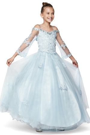 Elegant Blue Off-Shoulder Long Sleeve Rhinestone Pageant Dress for Girls Size 8-16 | Perfect for Pageants, Prom, Special Occasions & Formal Events