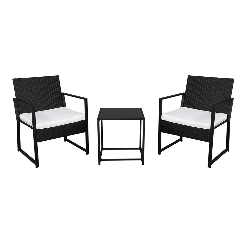 Premium 3-Piece Outdoor Patio Furniture Set - All-Weather Rattan Chairs with Cushions & Glass Table - Perfect for Garden, Backyard, Balcony, Porch & Poolside (Black) - Durable Wicker Furniture for Relaxing & Entertaining