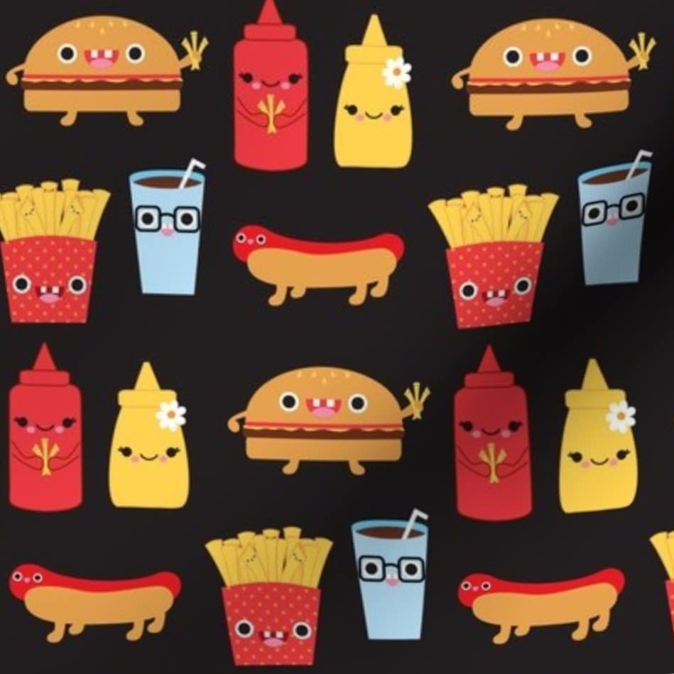 Cute Hamburger French Fries Food Soda Kawaii Faces Printed Cotton Fabric - Spoonflower Petal Signature Cotton Fat Quarter for Sewing, Quilting, Apparel & Crafts - Perfect for DIY Home Decor, Baby Clothes & Kawaii Fashion Accessories