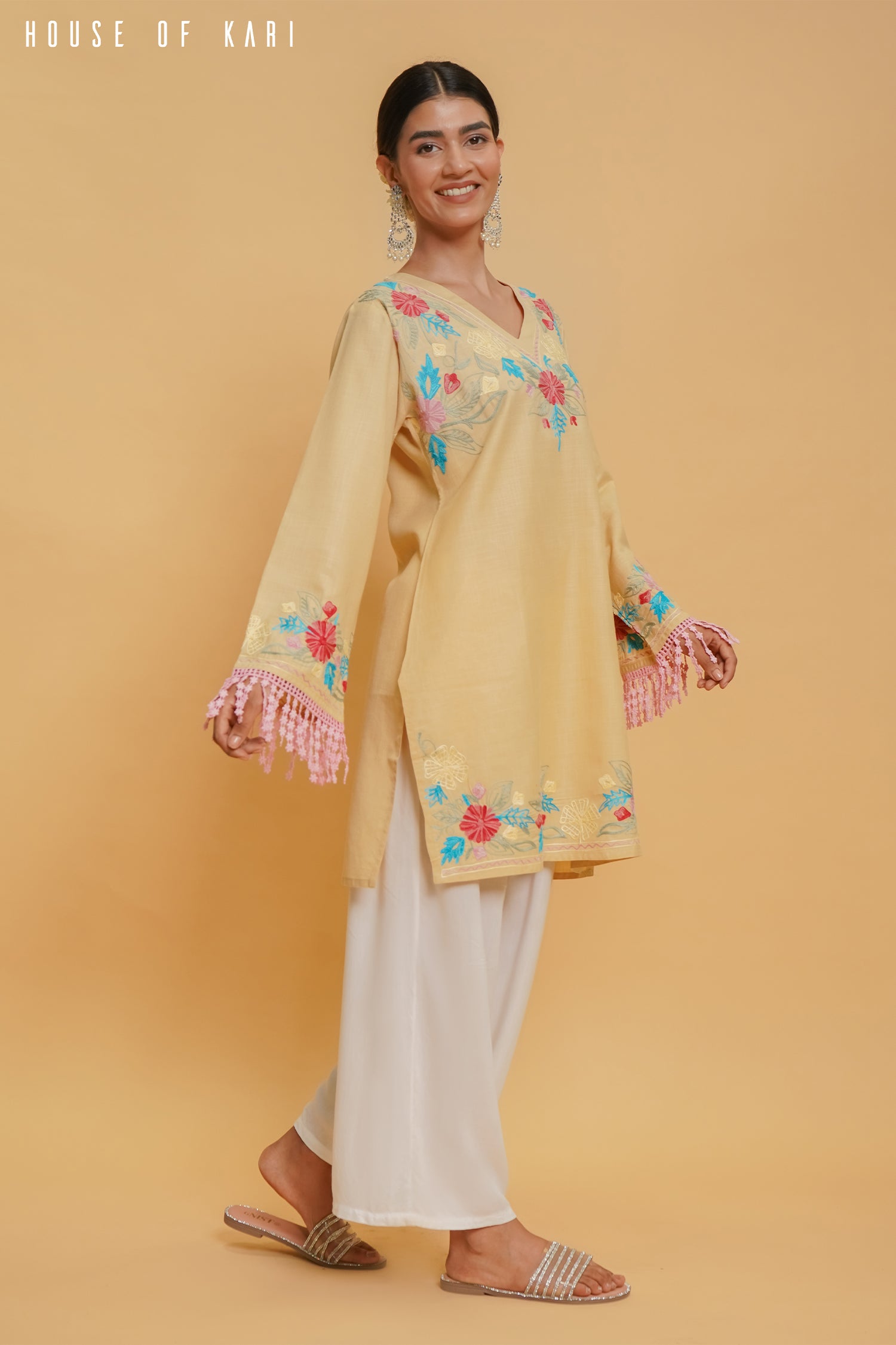 Handmade Kashmiri Aari Work Cotton Short Kurta for Women - Beige Ethnic Embroidered Tunic Top | Perfect for Festivals, Weddings & Casual Wear