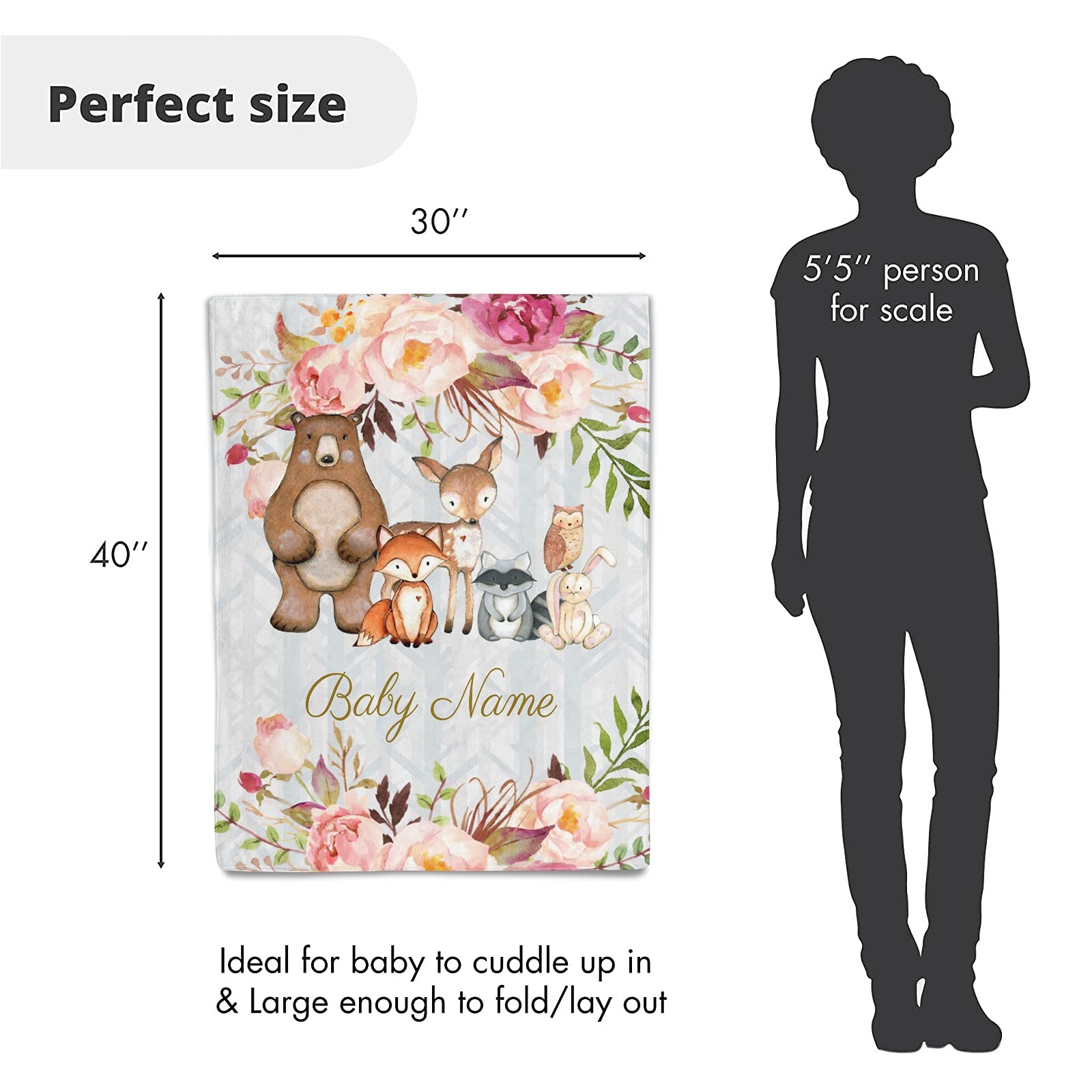 Personalized Floral Woodland Forest Animals Baby Blanket - Custom Bear Fox Deer Fleece Blanket for Boys & Girls - Super Soft 30x40 Inch Baby Shower, Birthday, Wedding Gift - Perfect for Nursery, Travel & Photo Shoots