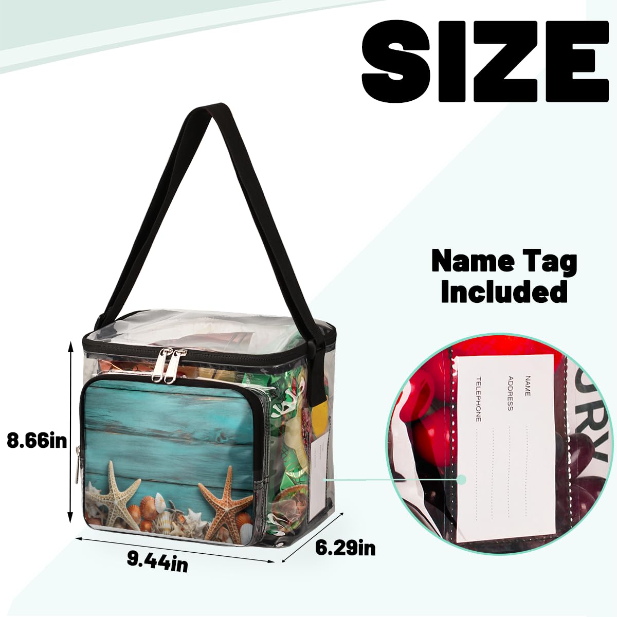 GzLeyigou Clear Transparent Tote Bag with Wooden Handles - Blue Starfish & Seashell Design, Crossbody Shoulder Bag for Women - Perfect for Beach, Picnic, Travel, Concerts & Sports Events (Stadium Approved)