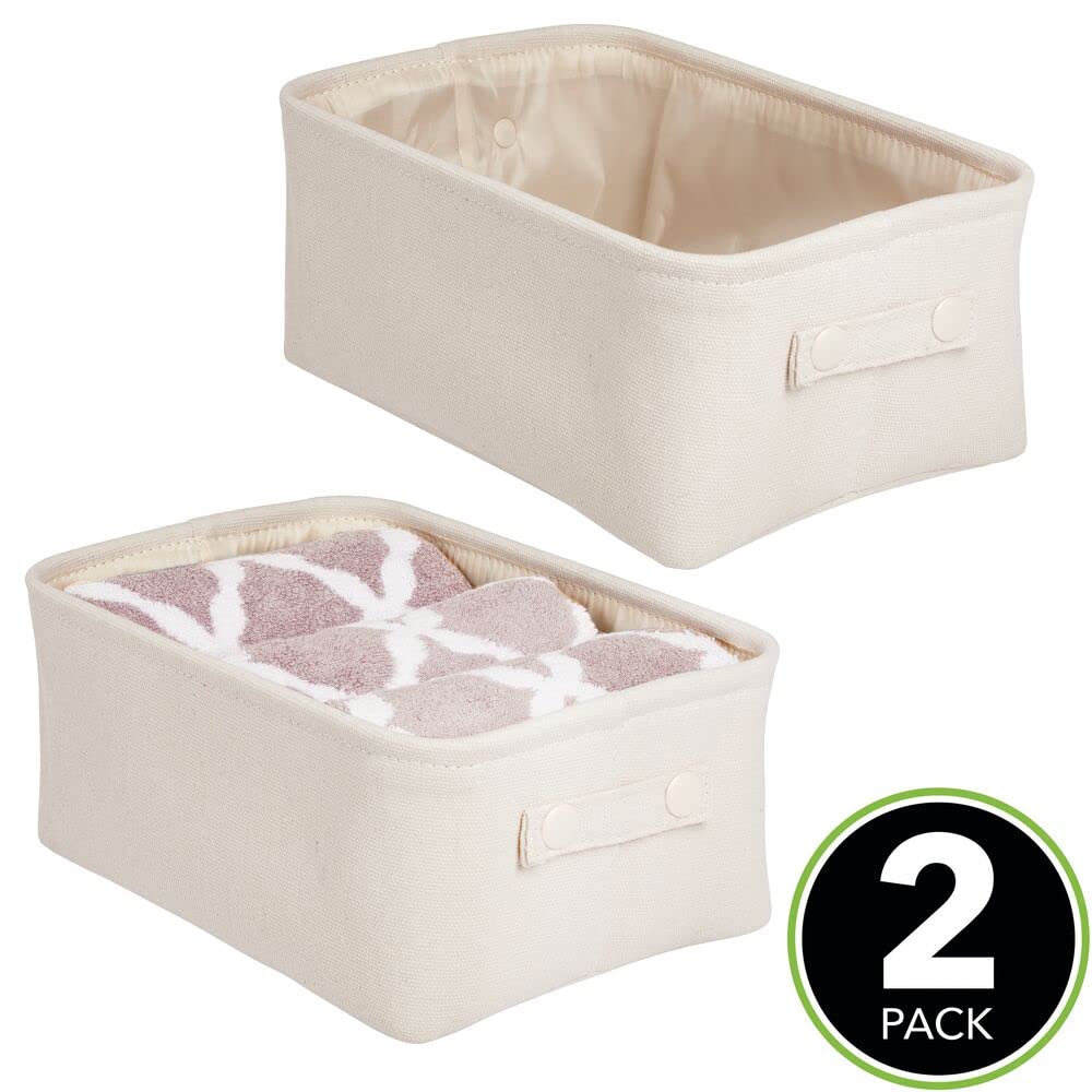 Soft Cotton Fabric Closet Storage Organizer Bin Basket with Lined Interior & Handles - 2 Pack Cream/Beige - Perfect for Bathroom Vanity, Cabinet, Shelf & Countertop Organization