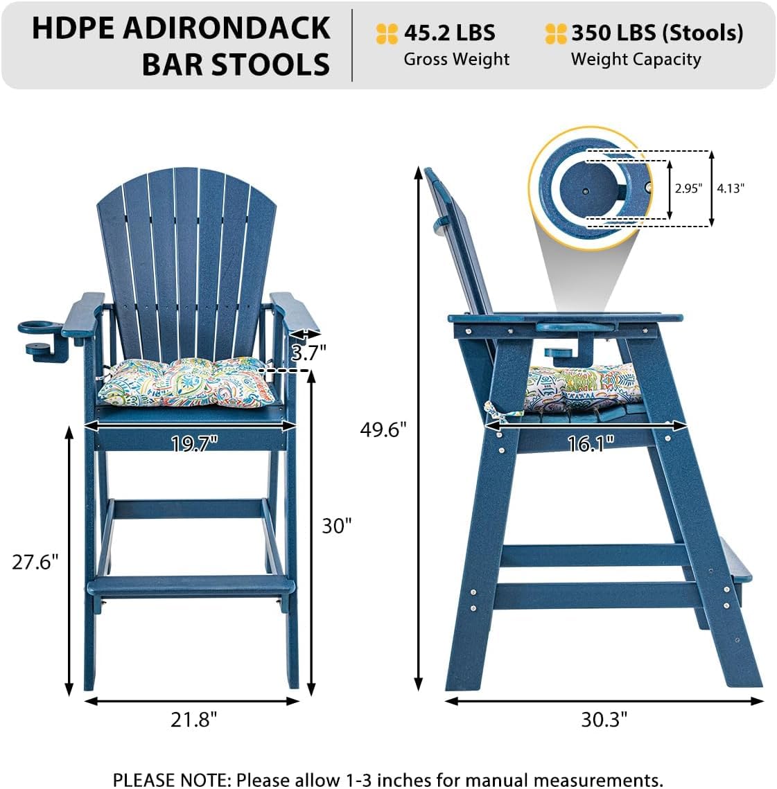 Sundale Outdoor Adirondack Bar Chairs Set of 2 - 30 Inch HDPE Patio Bar Stools with Backrest & Cushion - All-Weather Bistro Tall Dining Counter Barstools in Navy Blue - Perfect for Backyard, Deck, Poolside & Pub Outdoor Seating