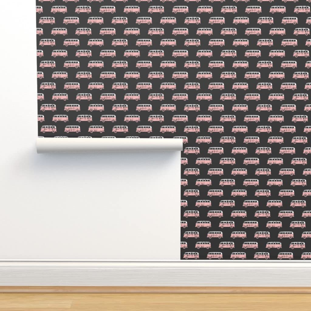 Peel & Stick Removable Wallpaper 12ft x 2ft - Retro Van Camping Surf Design in Pink & Gray | Trendy Summer Decor for Bedroom, Nursery, RV & Dorm | Easy DIY Home Decoration